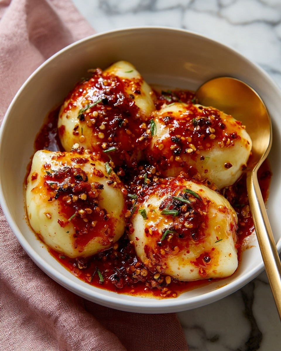 The image shows a white bowl filled with three yellow, soft, and slightly folded dumplings or dough balls. They have a smooth texture with some light browning at the edges and are topped with thick red sauce that looks rich and glossy, drizzled unevenly over each piece. A sprinkle of fine black pepper or chili flakes is scattered on top, adding specks of darker color. The bowl is placed on a white marbled surface, and part of a silver spoon and a peach-colored cloth can be seen to the side. photo taken with an iphone --ar 4:5 --v 7