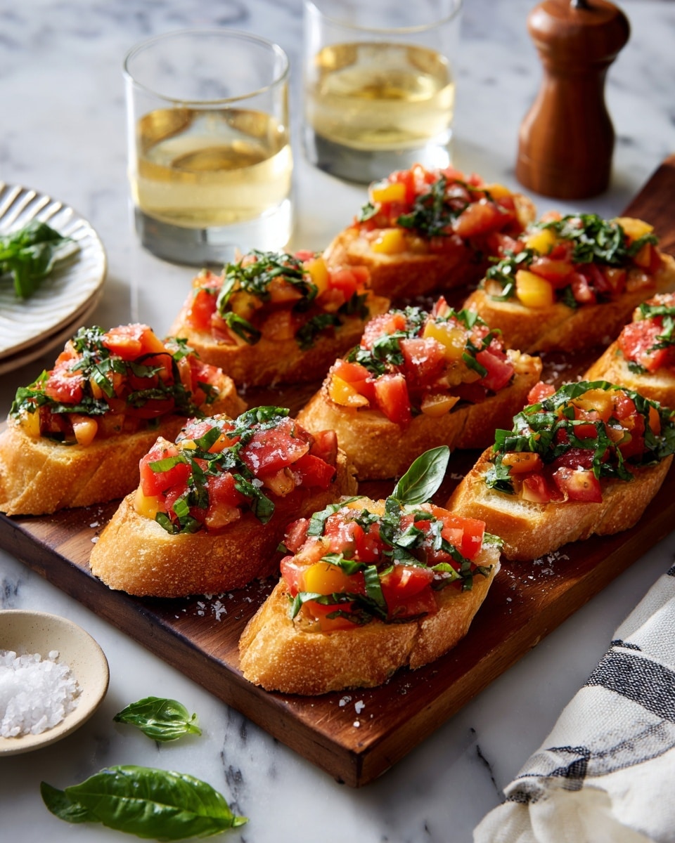 The image shows toasted bread slices arranged on a wooden board, each topped with a mix of diced red and yellow tomatoes, and chopped fresh green basil. The bread is golden brown and crisp, with the tomato topping giving a fresh and colorful look. Around the board, there are two glasses with a light yellow drink, a white cloth with dark blue stripes, a wooden pepper grinder, fresh basil leaves, and a white dish with coarse salt. The whole scene is on a white marbled surface, creating a bright and clean setting. photo taken with an iphone --ar 4:5 --v 7