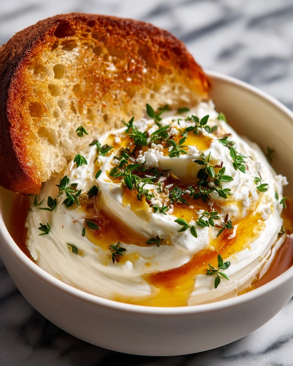 A white bowl holds a thick, creamy white yogurt spread with smooth, swirling peaks filling the bowl. Honey or syrup pools in orange-brown droplets and thin streams across the yogurt, creating shiny, glossy patches on top. Sprinkled over the yogurt and syrup are small green herb flakes, adding texture and color contrast. A woman's hand dips a piece of toasted bread, golden brown and crispy, into the yogurt near the bowl’s edge. The bowl sits on a white marbled surface with extra toasted bread slices in the background. photo taken with an iphone --ar 4:5 --v 7