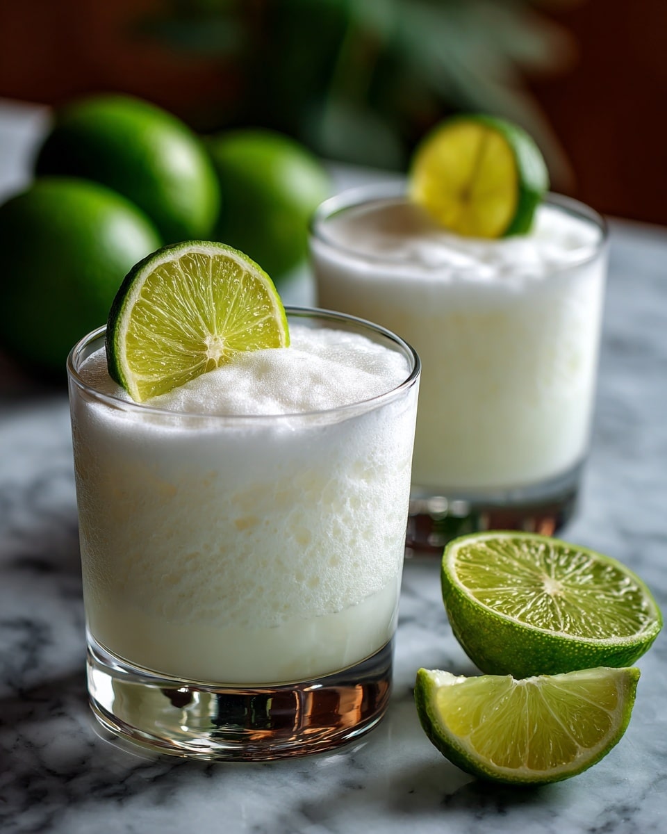 Two clear glasses filled with a frothy white drink, each topped with a thick layer of white foam. One glass in the front has a thin lime slice garnishing the rim, showing a bright green and light yellow color. The background shows another glass with similar foam, slightly blurred, and a whole lime cut in half with a bright green shell and pale green inside placed on a wooden table. The surface is changed to a white marbled texture. photo taken with an iphone --ar 4:5 --v 7
