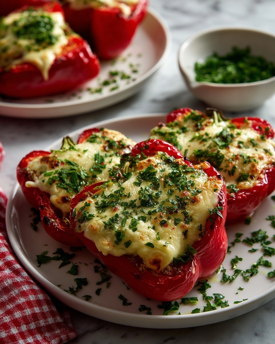 Three small red pepper halves are on a white plate, each filled with a melted light yellow cheese topping that looks soft and slightly browned at the edges. Small green chive pieces are sprinkled over the cheese, adding a fresh touch. The plate is on a white marbled surface, with another white plate containing one stuffed pepper in the background on the top right, and a small white bowl filled with chopped green chives is at the bottom right. A red and white checkered cloth is on the left side. Photo taken with an iphone --ar 4:5 --v 7