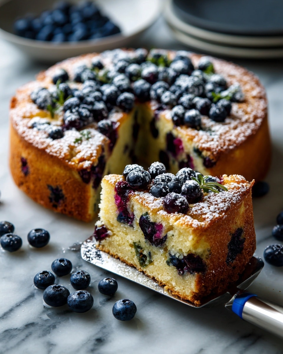 A round blueberry cake with a golden-brown top dotted with many dark blue blueberries, dusted with white powdered sugar evenly spread across the top, sits on a wooden surface scattered with fresh blueberries. A slice is lifted with a shiny silver cake server with a blue handle, showing a thick layer of moist cake with blueberries baked inside. The cake looks soft with a slight crust on top, and the powdered sugar adds a light texture contrast. The background is changed to a white marbled texture. Photo taken with an iphone --ar 4:5 --v 7