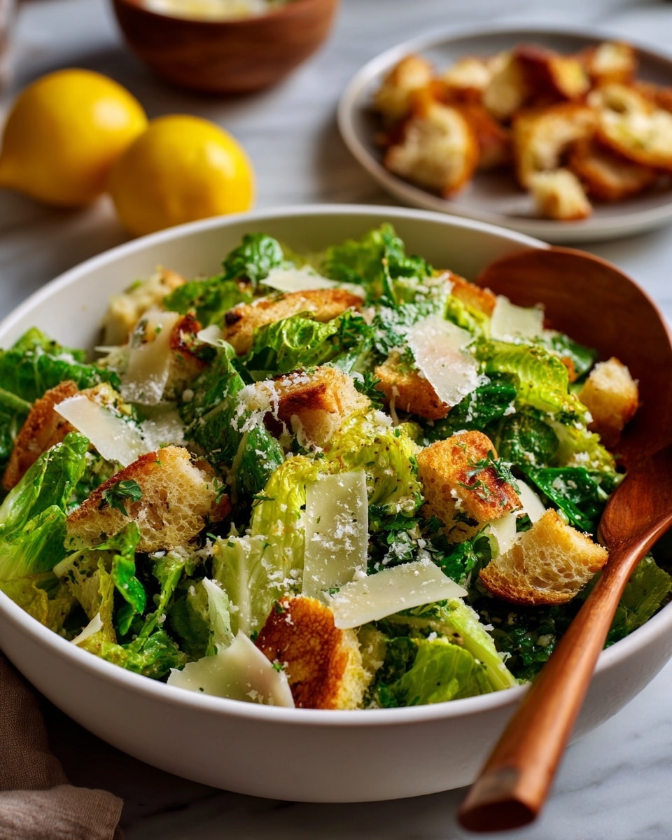 A white bowl filled with fresh green romaine lettuce leaves layered at the bottom, topped with golden-brown toasted bread pieces scattered throughout. Thin, light off-white slices of cheese are spread evenly over the lettuce and bread, adding texture. A wooden spoon rests on the right edge of the bowl. In the background on a white marbled surface, there are halved lemons and extra toasted bread pieces. The overall look is fresh and colorful with a mix of green, golden, and white shades photo taken with an iphone --ar 4:5 --v 7