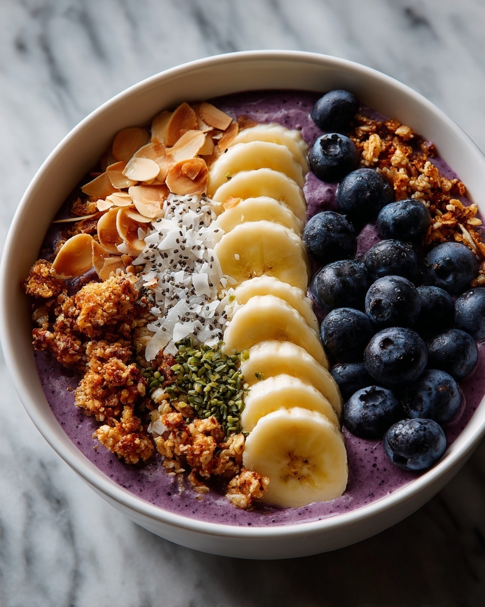 A white bowl filled with a light purple smoothie base, topped with three main sections: one with several thin banana slices arranged in a neat row across the middle, another side covered with small, plump dark blueberries, and the last part sprinkled with light brown oats, small almond pieces, chia seeds, and white coconut flakes. The bowl sits on a white marbled surface. photo taken with an iphone --ar 4:5 --v 7