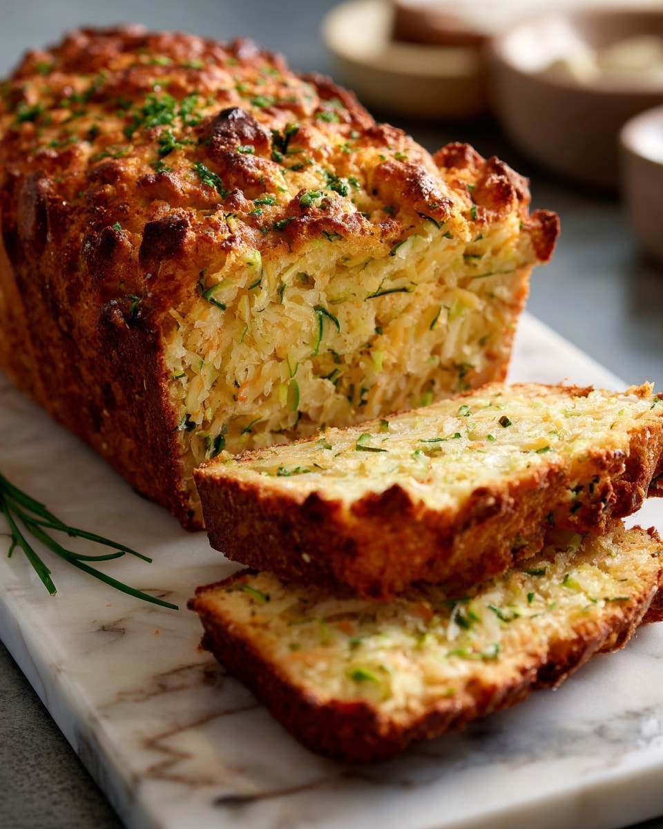 The image shows a loaf of golden-brown zucchini bread with a crispy, textured crust, placed on a white marbled surface. The bread is sliced into three pieces, with two slices slightly tilted and stacked in front, revealing a moist, pale yellow interior filled with thin, green zucchini strands dispersed evenly throughout the bread. The top of the loaf has a rugged, browned texture, highlighting the crispy edges. Photo taken with an iphone --ar 4:5 --v 7