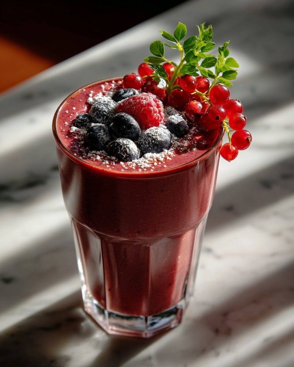 A tall clear glass filled with a thick deep purple-red smoothie, topped with a mix of bright red pomegranate seeds, dark blue blueberries, and one large red raspberry. The top is lightly dusted with white powdered sugar and decorated with a small sprig of green herb. The glass sits on a white marbled surface with soft shadows around it, photo taken with an iphone --ar 4:5 --v 7