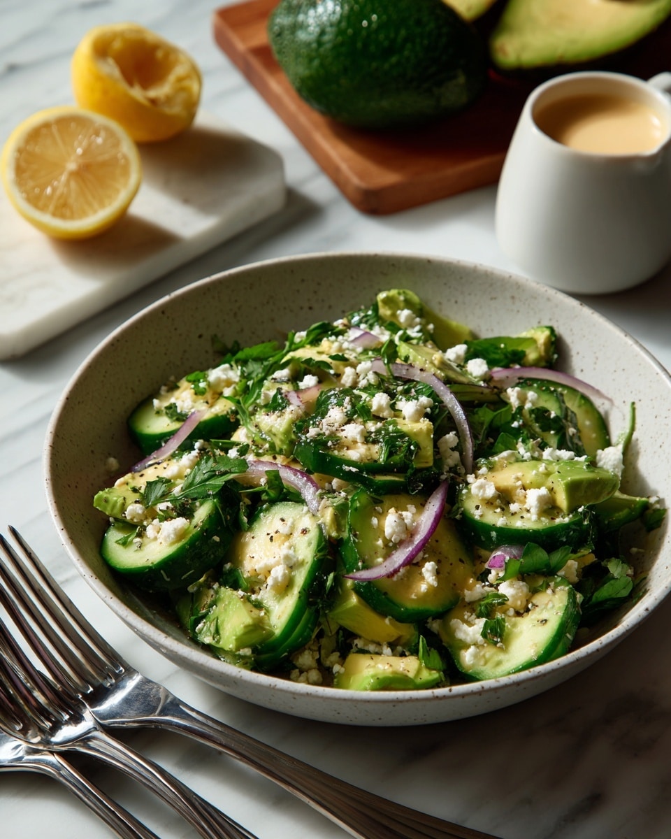 A white speckled bowl filled with a fresh cucumber salad, showing three main layers: thin cucumber slices with a pale green and dark green skin layer, small light green avocado chunks, and thin slices of light purple onion. The salad is mixed with fine green herbs and small pieces of white cheese scattered throughout. The bowl sits on a white marbled surface with a squeezed lemon half, a clear glass jar with green herbs, a small white cup with dressing, and three silver forks in the background. photo taken with an iphone --ar 4:5 --v 7