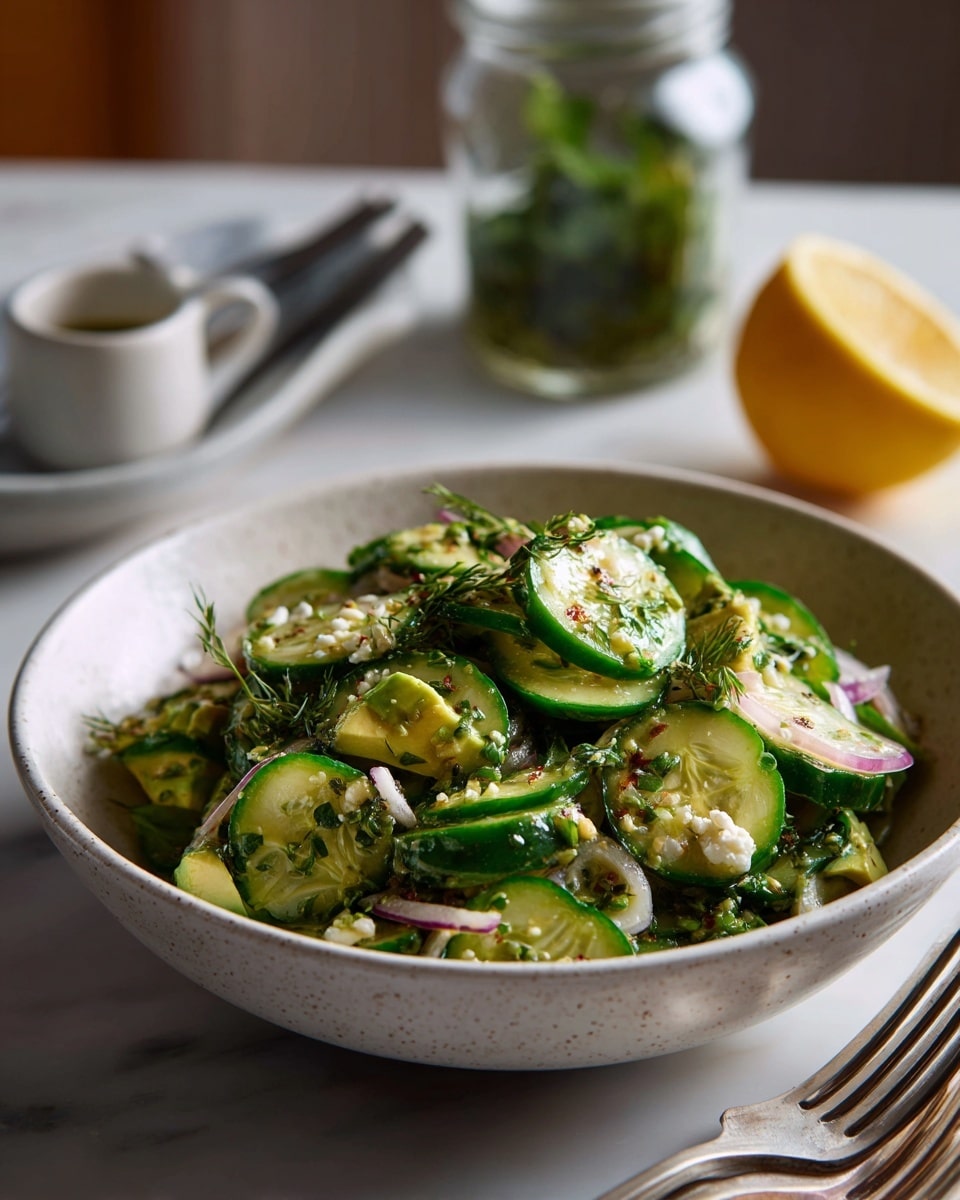 A bowl filled with a fresh cucumber salad showing thin, bright green cucumber slices mixed with small chunks of light green avocado. Thin slices of red onion and small bits of white cheese are scattered throughout, along with fresh green herbs sprinkled on top. The bowl is white with black speckles and sits on a white marbled surface. In the background, there are three silver forks on the left, a squeezed lemon half on a small white marble board near the top, and an avocado in a white bowl on the right. Photo taken with an iphone --ar 4:5 --v 7