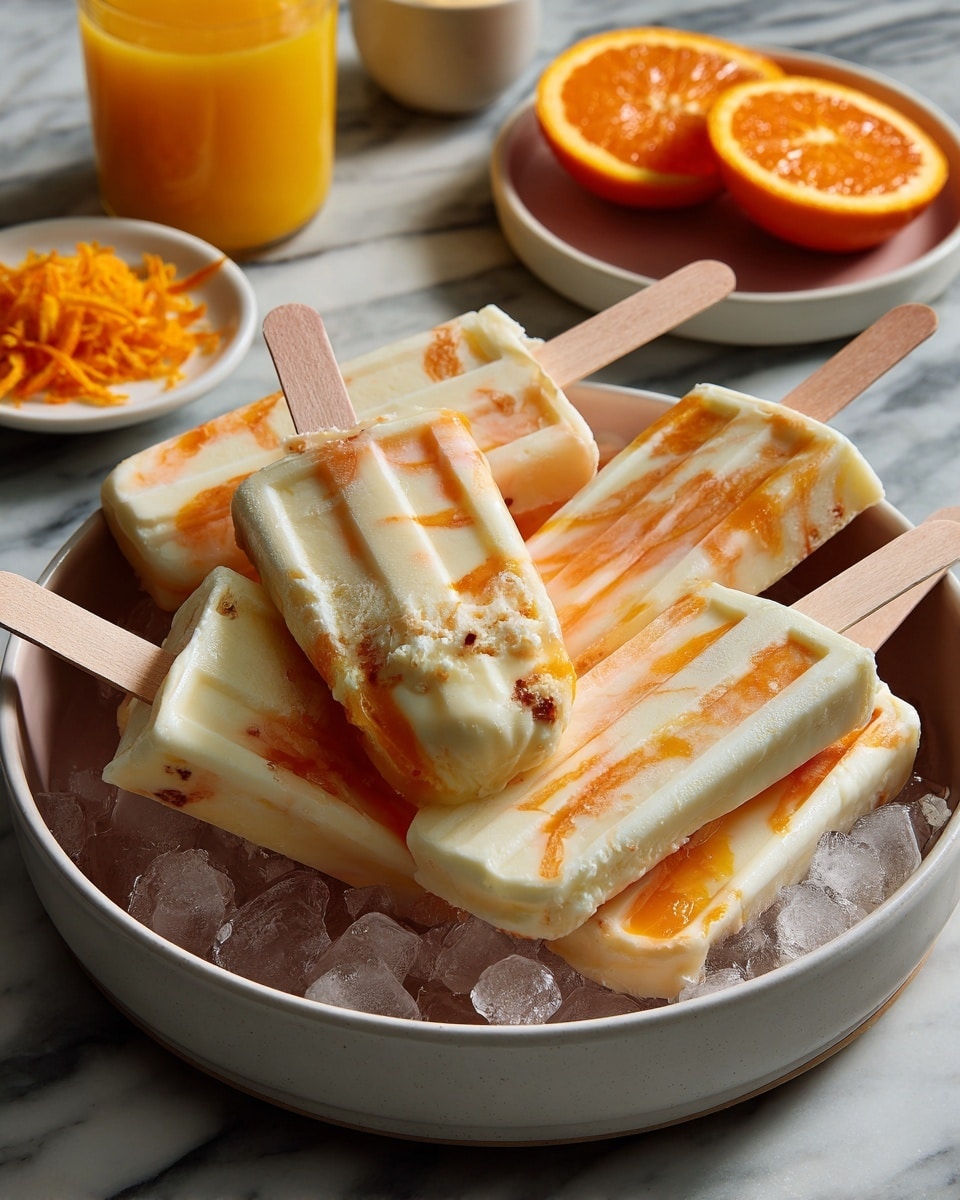 A white plate with ridged edges holds six orange and white ice pops arranged in a circle on top of ice cubes, with the sticks pointing outward. The ice pops have a marbled look with layers of pale orange and creamy white mixed together. A small, rustic brown pitcher with dark liquid is placed near the top right side of the plate. Around the plate are a few sliced oranges with visible juicy texture and a white bowl at the bottom left filled with bright orange zest. The whole scene is set on a white marbled surface with some newspaper print and a rough cloth partially visible near the bottom right. Photo taken with an iphone --ar 4:5 --v 7