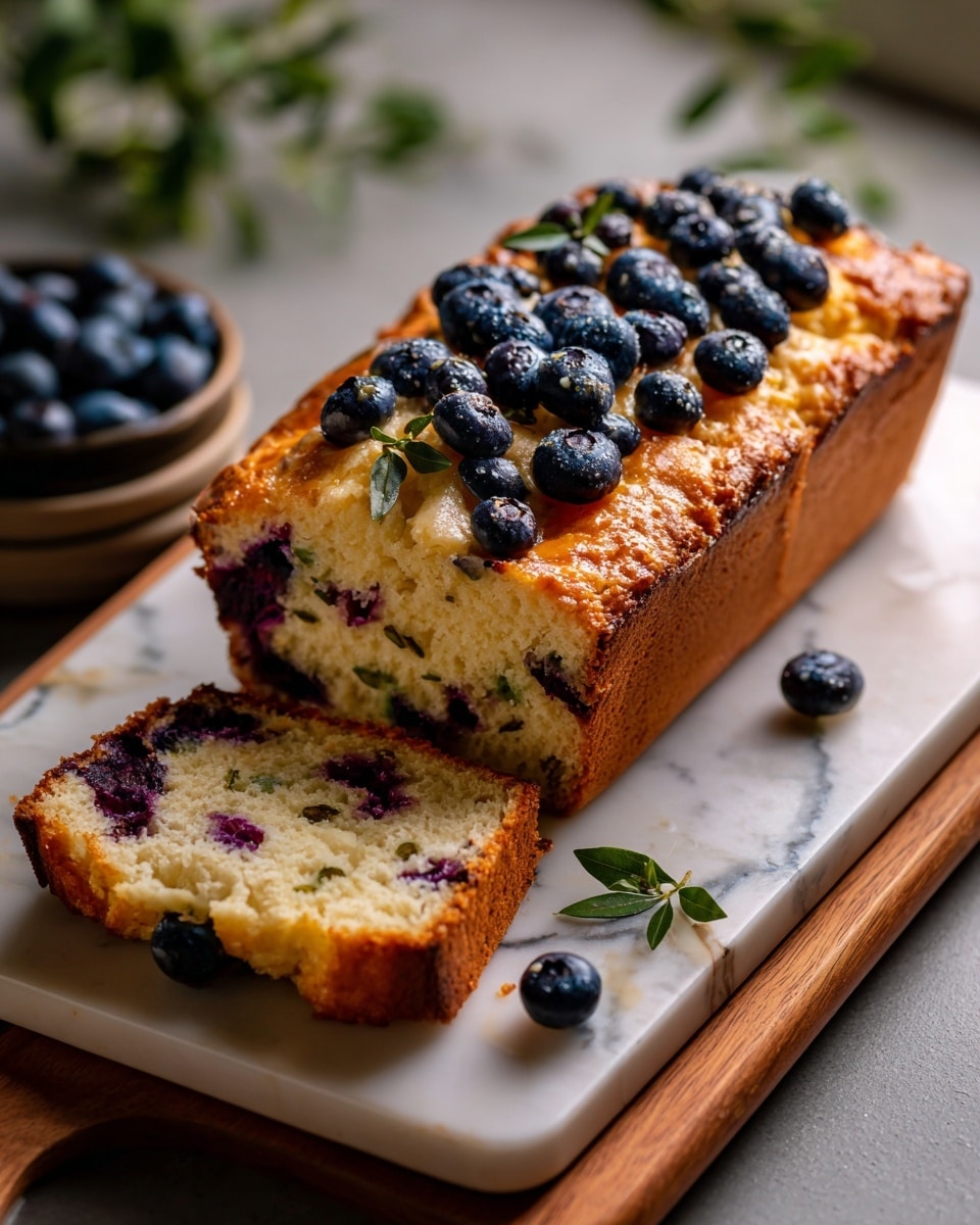 The image shows a loaf of blueberry zucchini bread placed on a white marble board. The loaf has a golden brown crust with a slightly glossy top sprinkled with coarse sugar. The inside of the bread is light greenish-yellow with visible pieces of green zucchini and dark purple blueberries spread throughout. On top of the loaf, there is a layer of whole fresh blueberries scattered evenly. A few blueberries also lie in front of the loaf on the board. In the background, a blurred white bowl filled with blueberries sits on the same white marbled surface. Soft, natural light highlights the textures and colors of the bread and berries. photo taken with an iphone --ar 4:5 --v 7