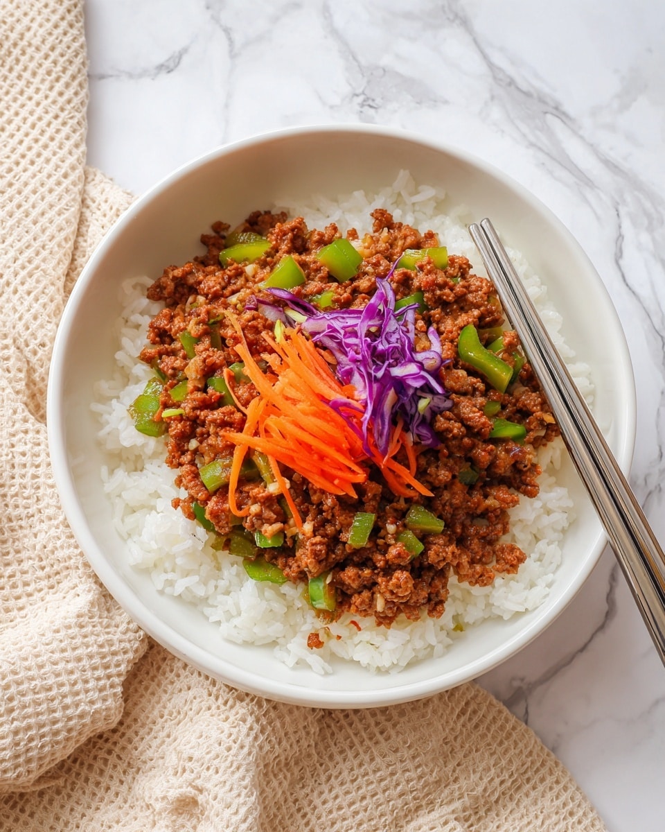 A white bowl contains a base layer of white rice with a fluffy texture. On top, there is a layer of cooked ground meat mixed with green bell pepper slices, giving a crumbly and slightly chunky look in brown and green colors. The dish is garnished with a small pile of finely shredded orange carrots and small bits of purple cabbage placed in the center, adding bright colors and a fresh touch. A pair of metal chopsticks rests on the right edge of the bowl. The bowl is set on a white marbled surface with a beige waffle-textured cloth nearby. Photo taken with an iphone --ar 4:5 --v 7