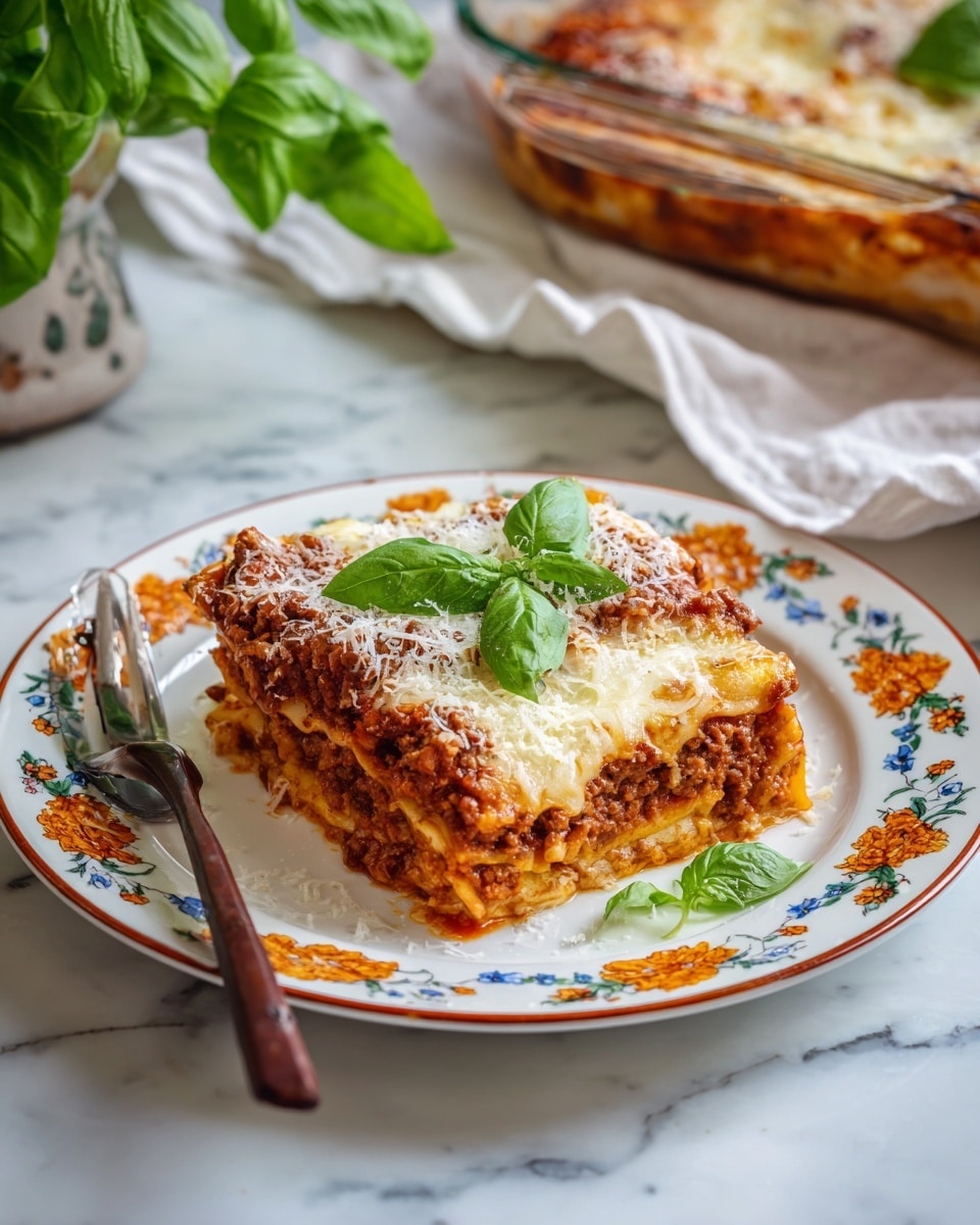 A white rectangular baking dish filled with a baked lasagna held by a woman's hand with bracelets, resting on a white cloth. The lasagna has multiple layers visible at the edges: a base layer of red tomato sauce, middle layers of yellow pasta sheets with melted white cheese, and some brown spots of baked cheese on top. Bright green chopped basil is sprinkled over the entire surface. The dish is shown outside with a background of green plants and orange flowers, with a white marbled ground visible below. Photo taken with an iphone --ar 4:5 --v 7