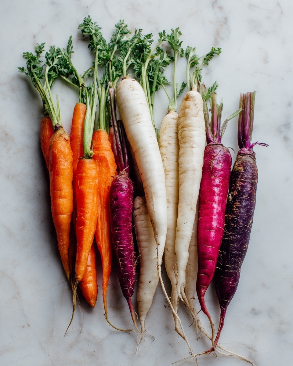 A group of raw carrots and radishes arranged on a white marbled surface, with a total of nine pieces. The carrots come in bright orange and deep purple-red colors, with green tops still attached. The white radish, longer and thicker, stands out in the middle. The vegetables are laid out in a casual, slightly curved line, showing their textured skin and tapered ends. Photo taken with an iphone --ar 4:5 --v 7