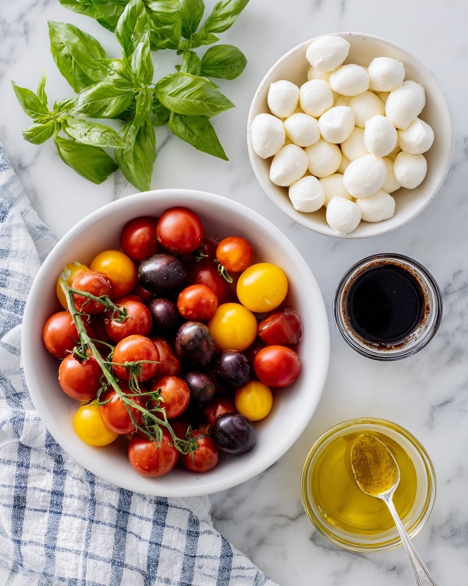 The image shows a white bowl filled with red, yellow, and dark purple cherry tomatoes, some still attached to green stems, placed on a white marbled surface. Above the bowl is another white bowl filled with small white mozzarella balls, arranged evenly. To the right of the tomato bowl is a small clear dish containing a dark balsamic sauce with a spoon resting inside it. Below to the left side is a small open jar with yellow olive oil. Fresh green basil leaves are placed around the bowls, with two sets laid on the marble surface and one bunch above the mozzarella bowl. A white and blue checkered cloth is folded and placed near the bottom right of the tomato bowl. Photo taken with an iphone --ar 4:5 --v 7