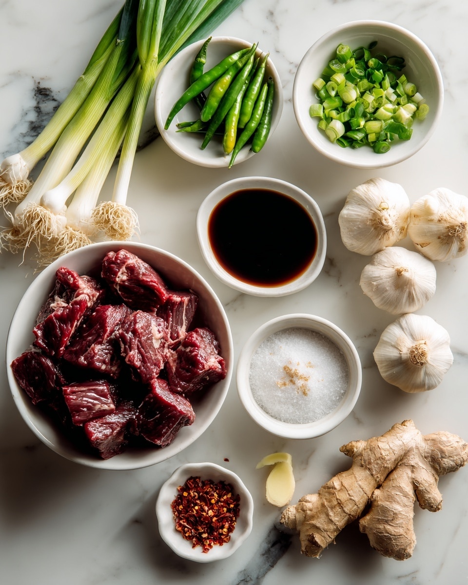 The image shows several ingredients arranged on a white marbled surface. In the center bottom, there is a white bowl filled with dark red pieces of raw beef. To the left of the bowl, there are three long green onions with white bulb ends. Above the beef bowl, there is a white bowl containing chopped green onions. To the right of that, there is a small white bowl with whole green chilies. Below the chilies, a white bowl holds a dark soy sauce. To the right of the beef bowl, there is a smaller white bowl with coarse salt. Above the salt bowl, there is a cluster of three garlic bulbs. Near the bottom right corner, two pieces of light brown ginger root lay side by side. Between the soy sauce and beef bowls, a small white bowl holds sliced ginger, and to its left is a tiny white bowl filled with red chili flakes. The ingredients are neatly spaced and well-lit. Photo taken with an iphone --ar 4:5 --v 7