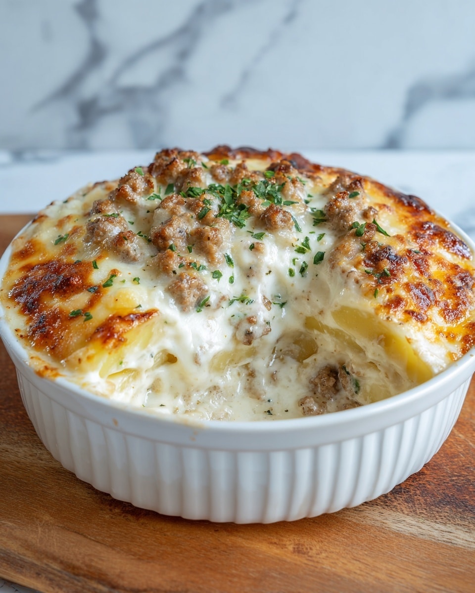 The dish is a baked casserole served in a white round dish. The top layer shows melted white cheese lightly browned, with browned small pieces of ground meat scattered evenly. Underneath the cheese, there are slices of cooked yellow potatoes arranged in layers, visible on the edges and through the cheese. The dish looks creamy and slightly browned on the edges, with a touch of green herb garnish sprinkled on top. The casserole sits on a wooden surface with a white marbled background. Photo taken with an iphone --ar 4:5 --v 7
