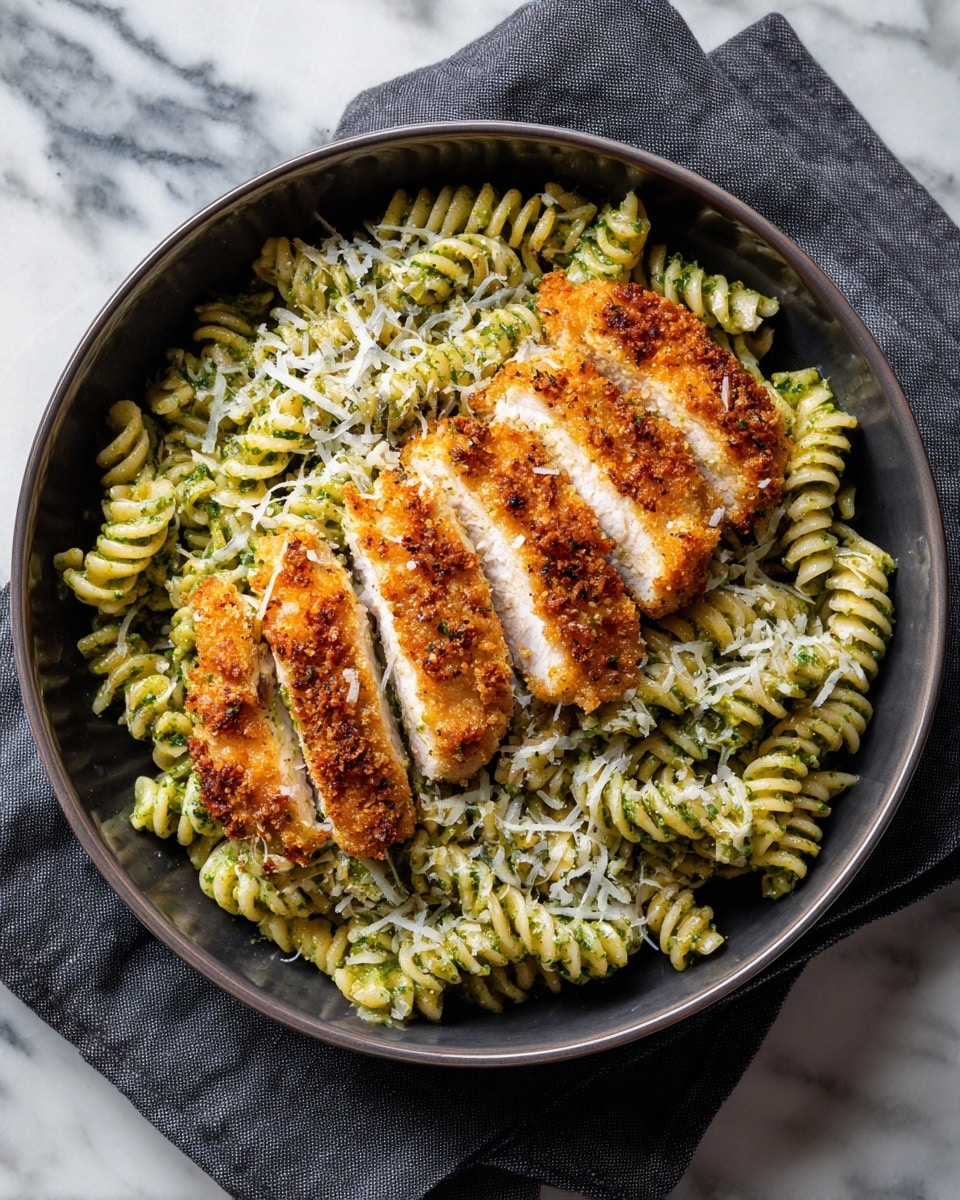 A dark bowl holds a bed of green fusilli pasta coated in a creamy pesto sauce, with the pasta spirals clearly visible, giving a textured look. On top, there are six thick slices of golden brown crispy breaded chicken arranged in a slight curve, each slice showing a crunchy crust with bits of green pesto sauce dotted over them. There are light shavings of white cheese sprinkled over both the pasta and chicken. The bowl sits on a folded dark gray cloth, all placed on a white marbled surface. photo taken with an iphone --ar 4:5 --v 7