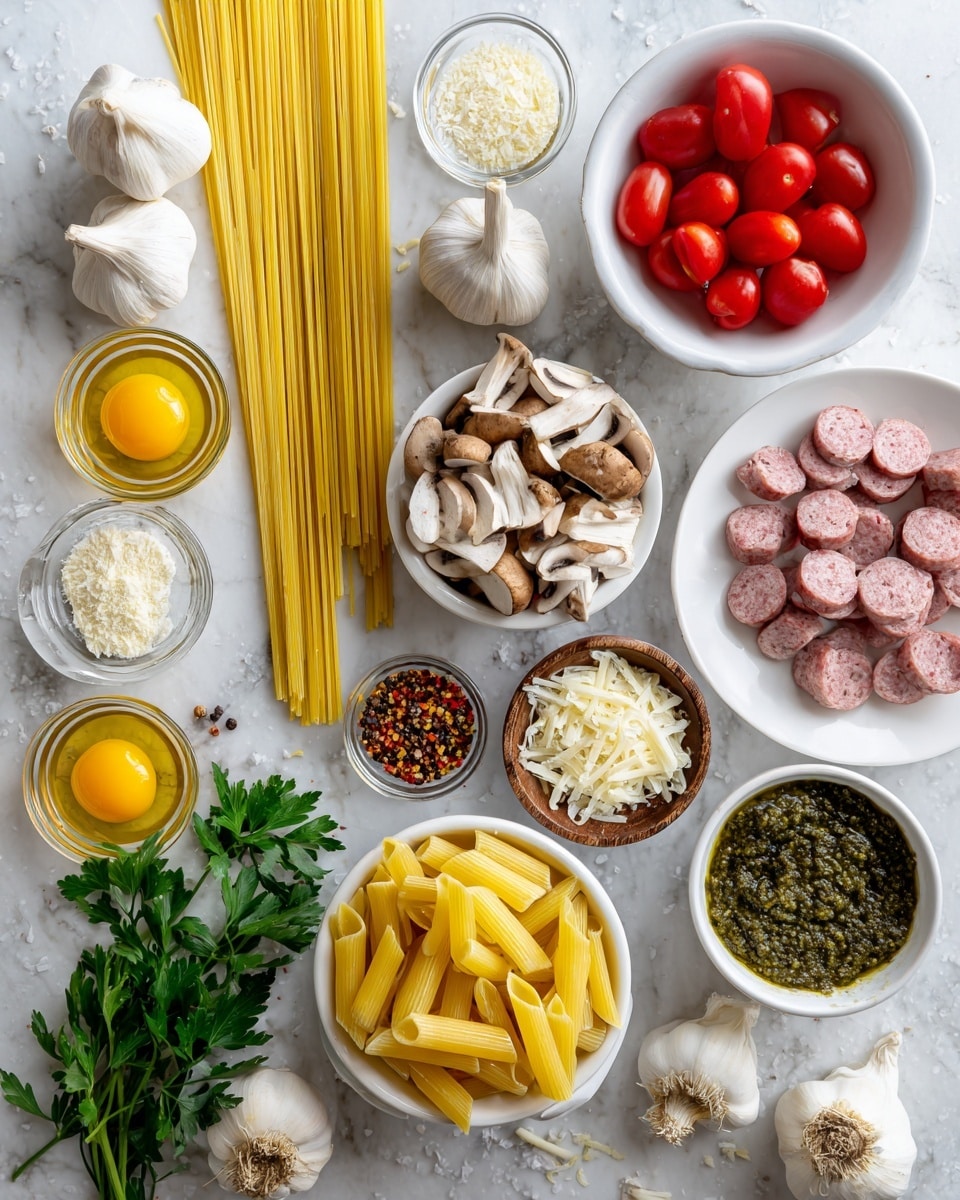 The image shows various ingredients for a pasta dish arranged on a white marbled surface. In the center bottom, there are two types of uncooked pasta: long thin spaghetti strands placed vertically and a white bowl filled with yellow penne pasta on the right. Above the spaghetti, a white bowl is filled with halved red cherry tomatoes. Near the top right, a white plate holds small pink sausage pieces. Around the pasta and sausage, there are light brown whole mushrooms scattered, with some placed beside a small brown bowl filled with white grated cheese and mushroom pieces. To the right of the sausage, a glass bowl contains a dark green pesto sauce. On the left side, fresh green parsley lies beside two whole heads of garlic with white papery skins, and several garlic cloves are spread out nearby. Three glass bowls near the top left contain olive oil with a bright red chili pepper, a raw egg yolk, and olive oil with black pepper and herbs. There is also a small white bowl with a mix of spices in red and brown tones. The overall colors are warm and fresh with a clean, natural look. photo taken with an iphone --ar 4:5 --v 7