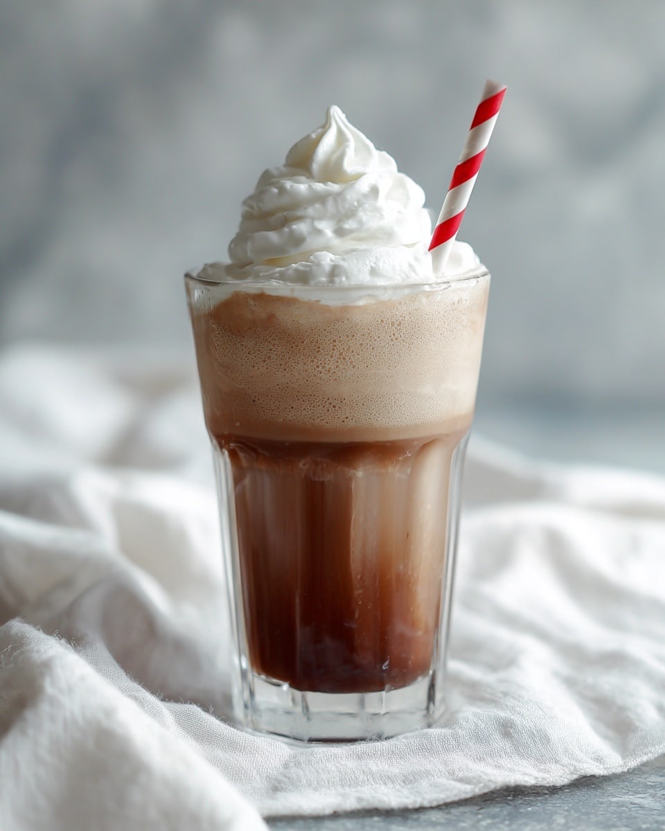 The image shows a clear glass filled with a creamy light brown drink topped with a fluffy swirl of white whipped cream. A red and white striped straw is placed into the whipped cream at an angle. The glass is resting on a soft, wrinkled white cloth, with a blurred background. The drink has a smooth, frothy texture visible just below the whipped cream. photo taken with an iphone --ar 4:5 --v 7