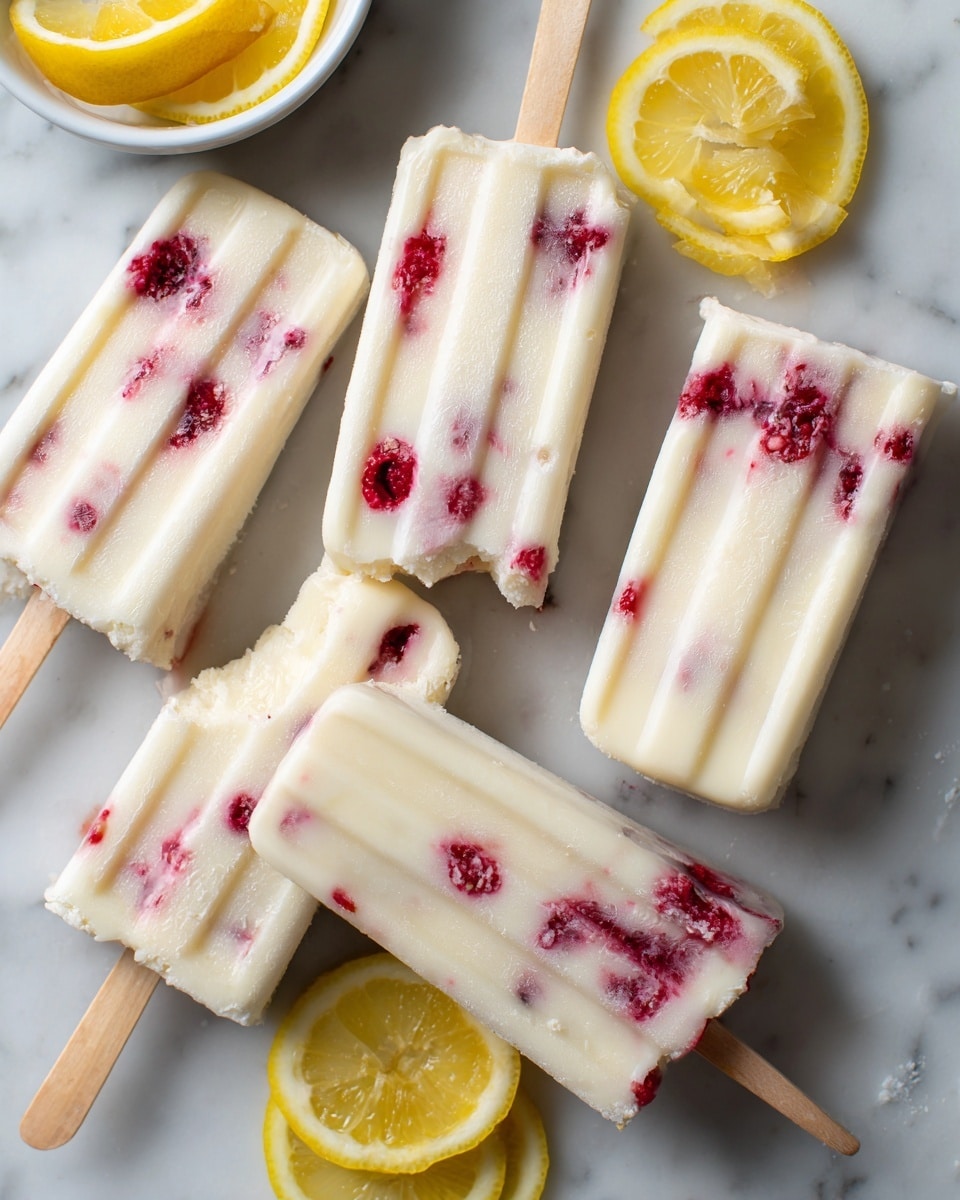 The image shows five creamy white popsicles with uneven red fruit bits scattered inside, mostly near the top and middle. They have distinct vertical ridges running up from the sticks to about halfway up the popsicles. One popsicle has a small bite taken from the bottom left corner. The popsicles lie closely together on a white marbled surface, alongside thin lemon slices both lemon wedges on top of one popsicle. In the background, a small white bowl contains some lemon wedges. The whole scene looks cool and fresh, focused closely to show texture and color contrasts. photo taken with an iphone --ar 4:5 --v 7