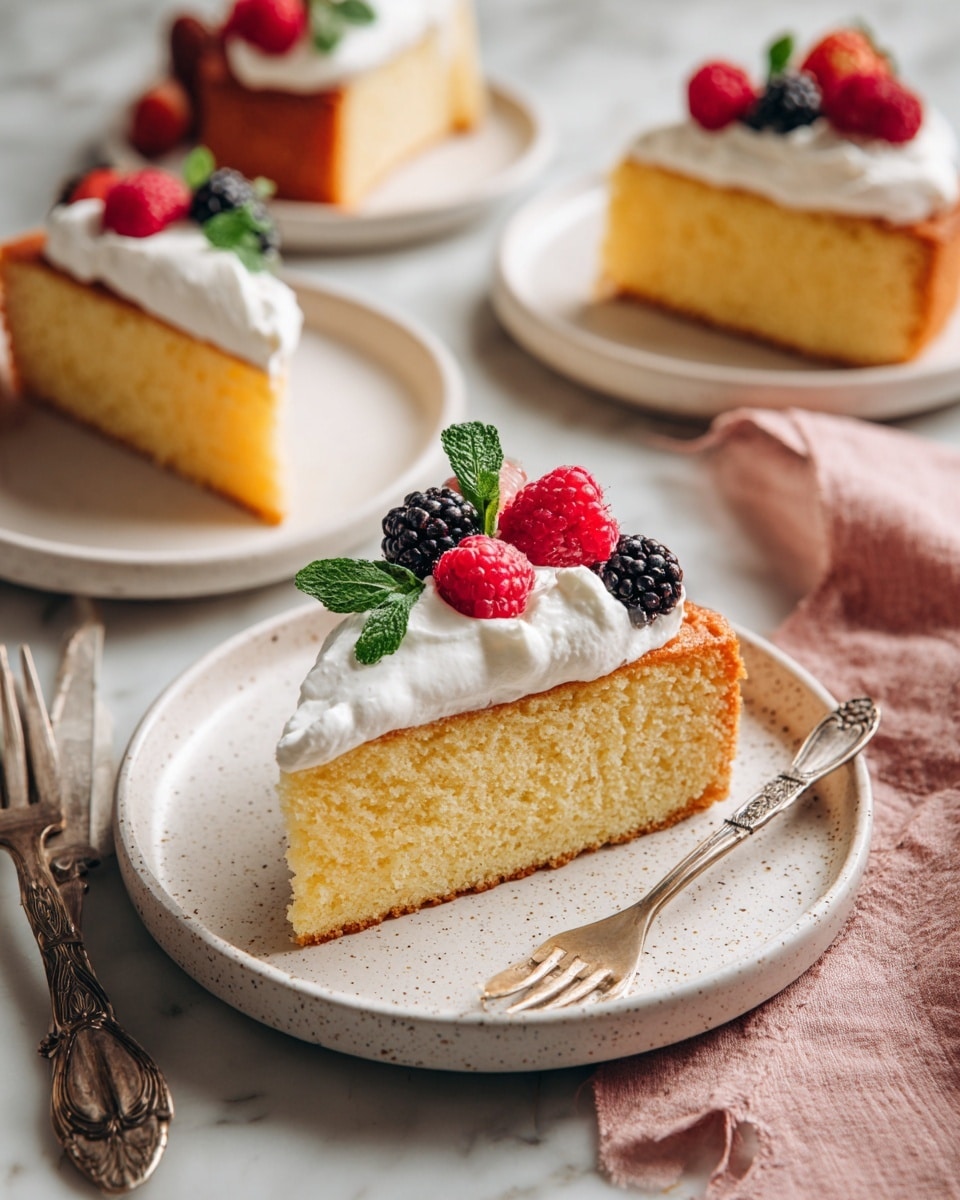 The image shows a thick slice of light yellow cake with a golden brown crust sitting on a white speckled plate. On top of the cake, there is a layer of white whipped cream decorated with a red raspberry, a dark blackberry, and a small green mint leaf. Around the main slice, there are other similar slices of cake on white speckled plates, each topped with white whipped cream and mixed berries, all set on a white marbled surface with a soft pink cloth and vintage forks nearby. photo taken with an iphone --ar 4:5 --v 7