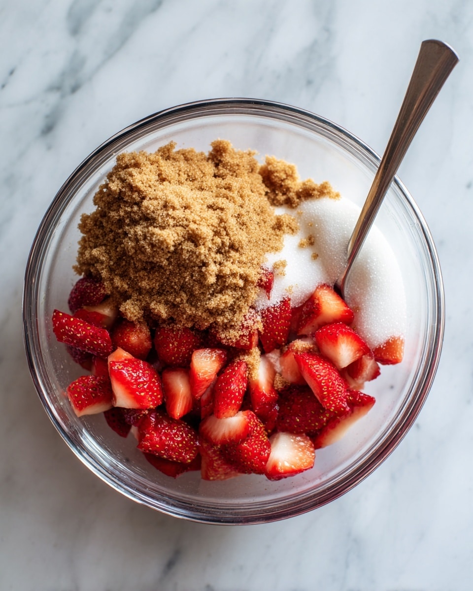 A clear glass bowl filled with three main layers: the bottom layer is fresh red strawberries cut into quarters, the middle layer is white granulated sugar scattered unevenly over the strawberries, and on top is a large mound of brown sugar with a soft, crumbly texture. A metal spoon rests inside the bowl on the right side. The bowl sits on a white marbled surface. photo taken with an iphone --ar 4:5 --v 7