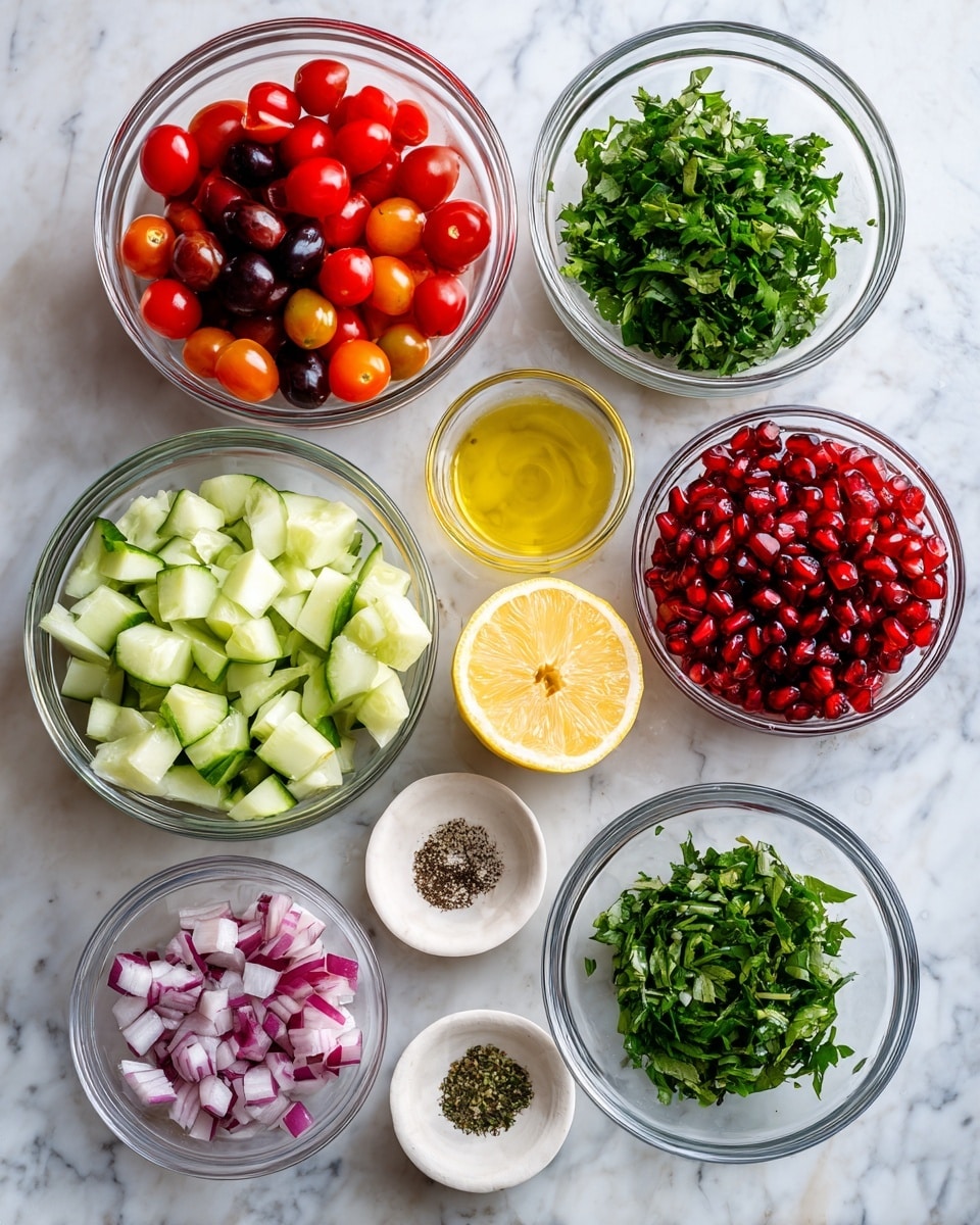 The image shows eight clear glass bowls on a white marbled surface, each with different fresh ingredients: one bowl is filled with bright red, orange, and dark cherry tomatoes cut in halves; another holds pale green cucumber pieces; a third bowl contains chopped green leafy herbs; a fourth has finely chopped red onion with white parts mixed in; a small bowl is filled with shiny deep red pomegranate seeds; another small bowl has olive oil; there is a tiny bowl with mixed salt and black pepper; and one small bowl contains chopped fresh herbs. In the center, two halves of a yellow lemon are placed with their sections clearly visible. photo taken with an iphone --ar 4:5 --v 7