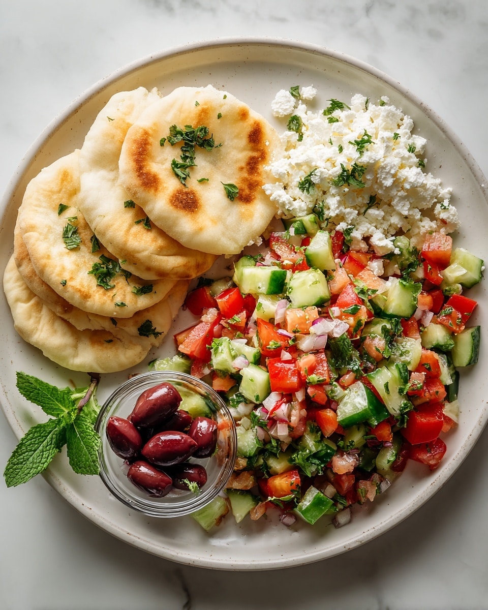 The image shows a white plate with three pieces of pita bread on the left side, light golden and soft in texture. On the right side of the plate is a colorful salad made of chopped cucumbers, tomatoes, green bell peppers, onions, and sprinkled with white crumbled cheese and fresh green herbs. At the top right corner of the plate, there is a small pile of white crumbled cheese. Below the salad, a small glass bowl of dark purple olives sits partially on the plate. A sprig of fresh green mint leaves rests on the right side of the plate. The entire scene is set on a white marbled surface. Photo taken with an iphone --ar 4:5 --v 7