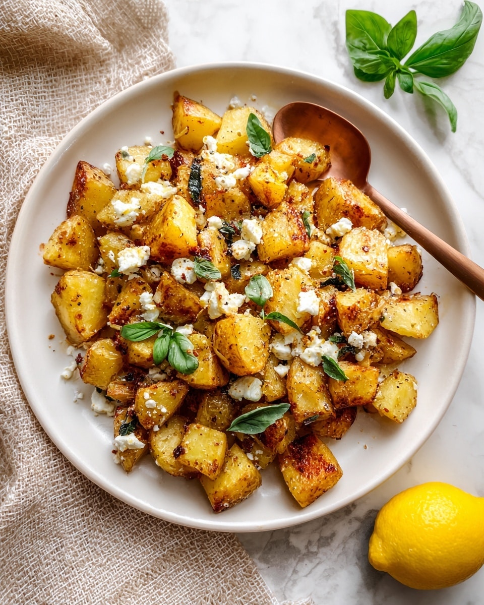 A white plate filled with golden-brown roasted potato pieces topped with creamy white cheese crumbles and fresh green basil strips scattered evenly on top. The potatoes have a crisp texture with some darker brown edges. The plate sits on a white marbled surface with a textured beige cloth nearby, a lemon wedge to the side, and a copper spoon above the plate. Fresh chopped basil leaves lie on a wooden board at the bottom right corner. photo taken with an iphone --ar 4:5 --v 7