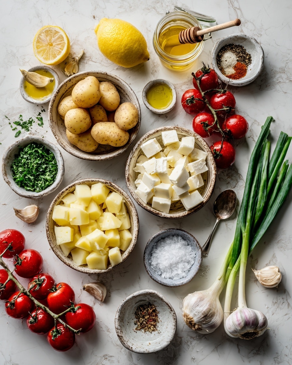 The image shows many food ingredients laid out on a white marbled surface. There are two ceramic bowls filled with whole potatoes and diced potatoes. Another bowl contains white cheese cut into cubes. Several lemons and a bunch of red cherry tomatoes on the vine are placed near a small bowl of olive oil and another small bowl with spices. Fresh green herbs and green onions lie next to garlic cloves and whole garlic bulbs. A small dish holds coarse salt with a metal spoon in it. A jar of honey with a wooden dipper is positioned at the top, along with a bowl of finely chopped green herbs. The colors are vibrant, with yellows from the lemons, reds from the tomatoes, greens from herbs, and the natural hues of the potatoes and cheese. photo taken with an iphone --ar 4:5 --v 7