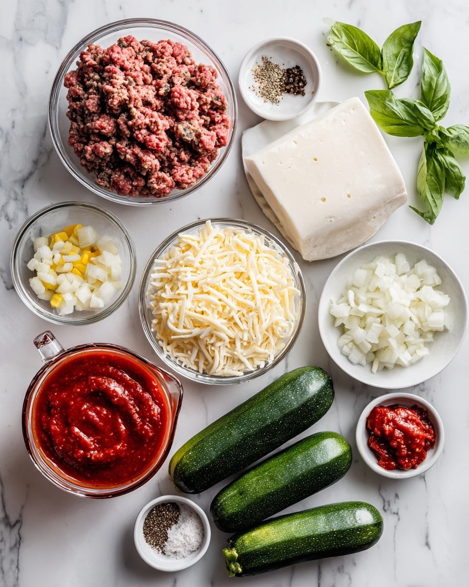 The image shows ingredients arranged neatly on a white marbled surface. There is a clear bowl with ground meat, a white bowl filled with shredded mozzarella cheese, a clear bowl containing diced onions, and another bowl with a mix of spices including black pepper and salt. A small bowl holds minced garlic, and another small bowl contains several small pieces of tomato paste. A measuring cup filled with red tomato sauce sits near three whole zucchinis on a white plate. A block of white cheese lies next to fresh green basil leaves. The scene is brightly lit and shows the ingredients clearly from above. Photo taken with an iphone --ar 4:5 --v 7