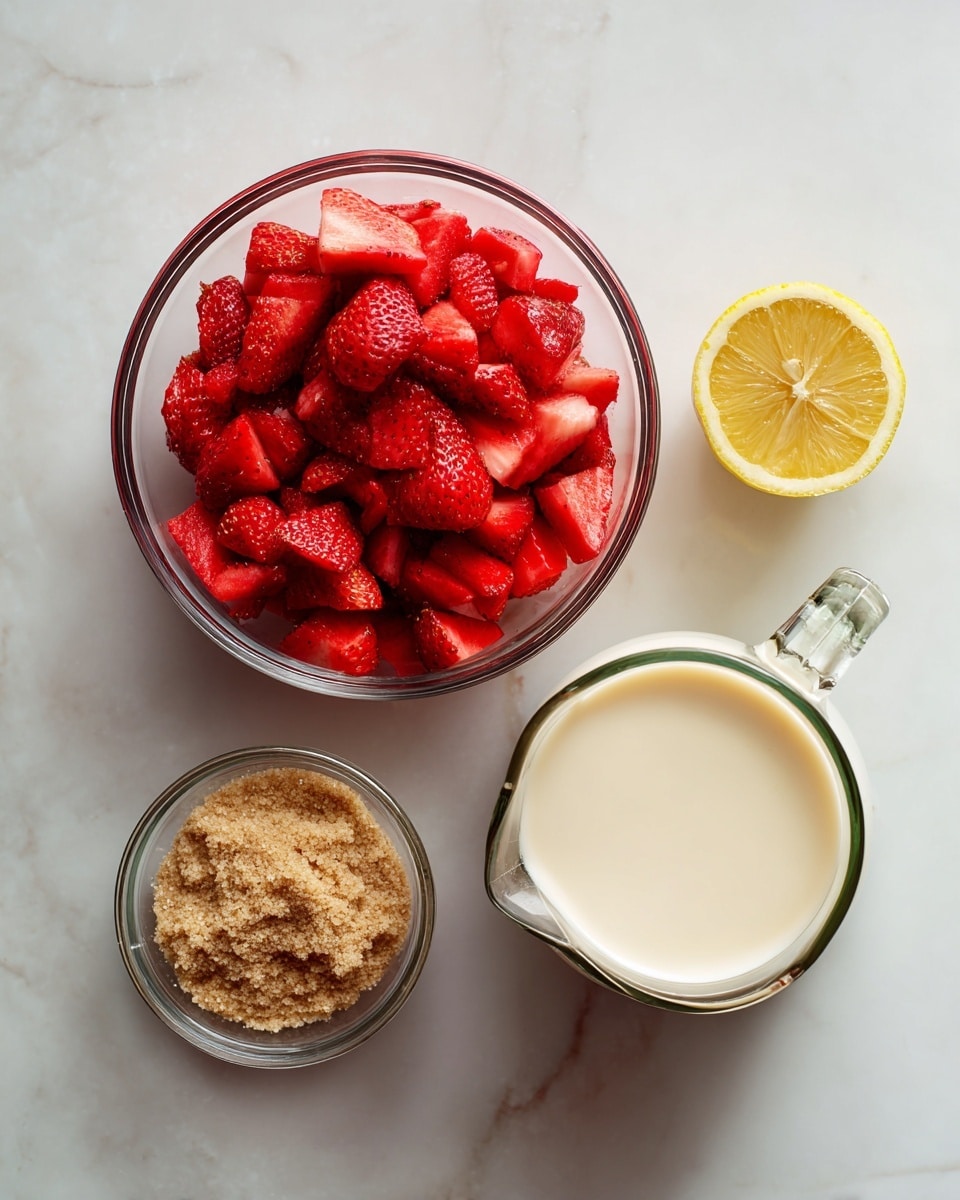 A clear glass bowl filled with bright red chopped strawberries sits at the top center of the image, showing a mix of textured and smooth fruit pieces. Below it to the left, a smaller clear glass bowl holds light brown soft brown sugar with visible granules. To the right of the brown sugar is a clear glass container with white vegan milk, smooth and creamy in texture, with a handle on the right side. Near the top right of the image is a half lemon showing its vibrant yellow juicy inside. All the bowls and lemon rest on a white marbled surface, creating a clean and fresh look. photo taken with an iphone --ar 4:5 --v 7
