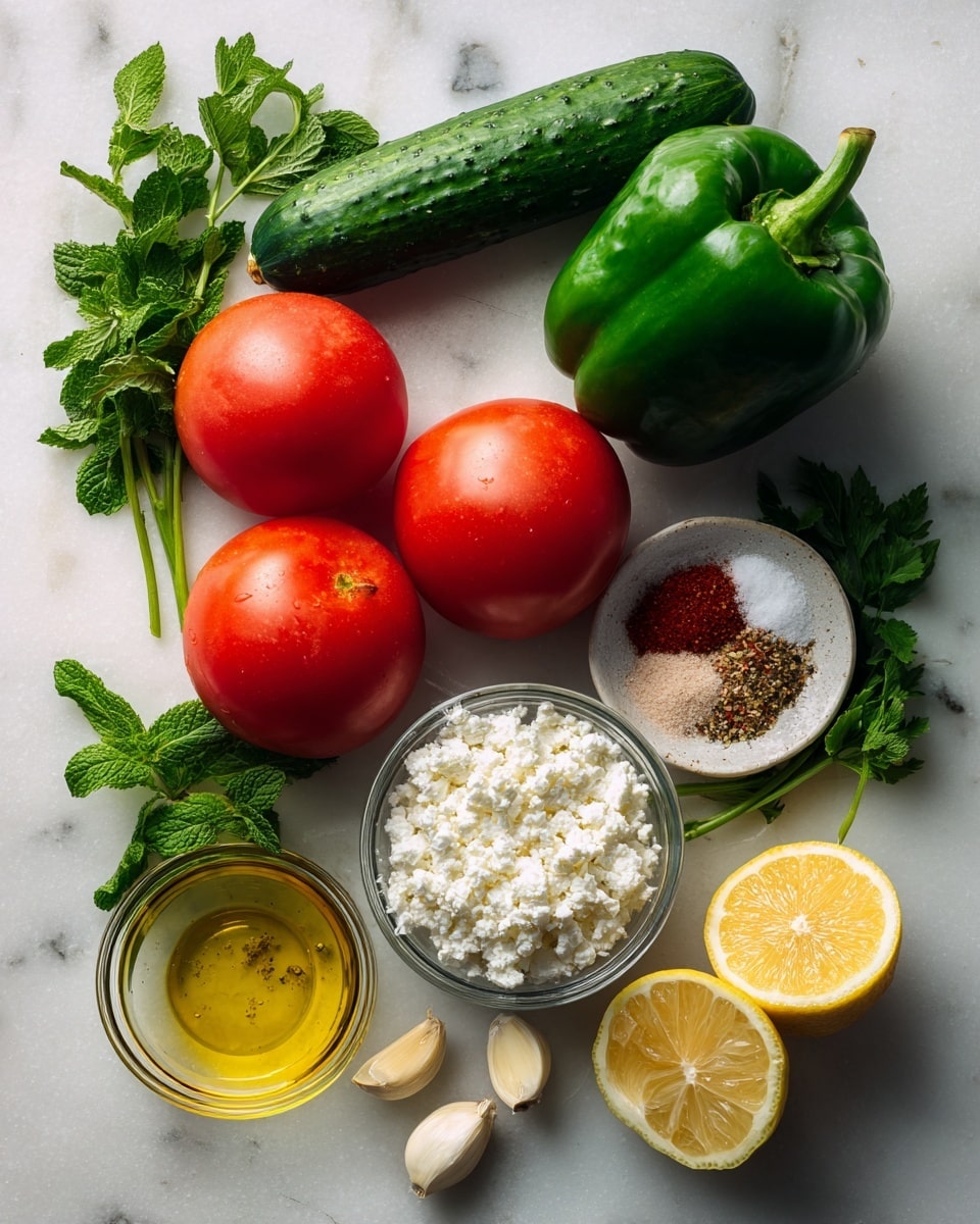 The image shows fresh ingredients neatly arranged on a white marbled surface. There are four bright red Roma tomatoes placed near the center, with a green cucumber lying horizontally on the left side. To the right of the tomatoes, a large green bell pepper is placed. Below the tomatoes and pepper, there are two garlic cloves, a small bunch of fresh bright green parsley, and two halves of a yellow lemon with visible seeds. A small glass cup with golden olive oil is placed just below the garlic, and next to it, a clear bowl filled with white crumbly cheese. Above the cheese, another small glass bowl holds a mix of coarse white salt and reddish spices arranged side by side. A few sprigs of fresh mint with dark green leaves lie near the bottom left. The whole scene is bright and colorful, highlighted by soft natural lighting. Photo taken with an iphone --ar 4:5 --v 7