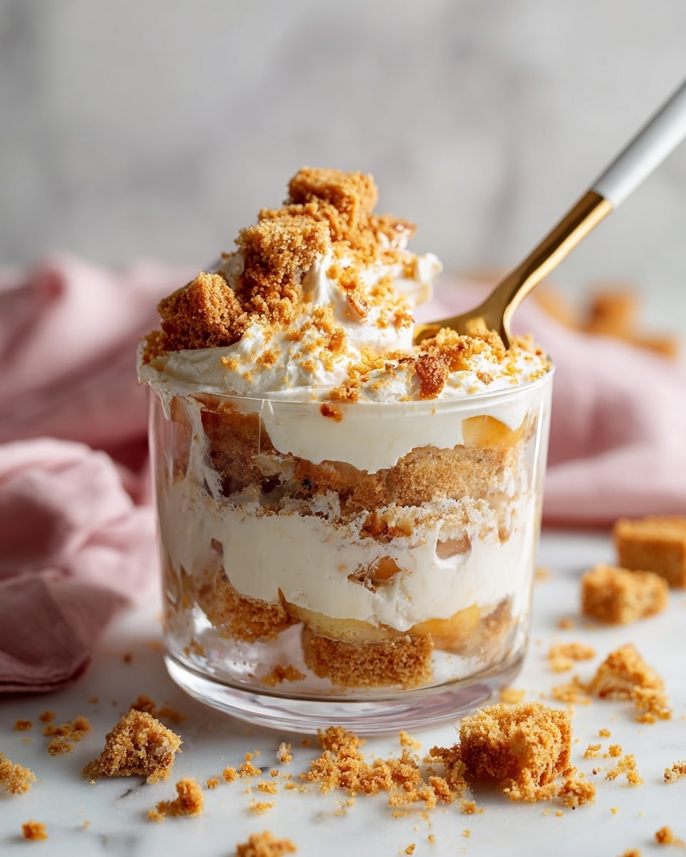 The image shows a clear glass cup filled with a layered dessert. There are several layers of creamy white filling alternating with crumbly, golden brown cookie pieces. The layers vary in thickness, creating a textured look with crumbs scattered on top and around the edges inside the cup. A white and gold spoon is partially scooping some of the dessert from the cup. The cup sits on a white marbled surface with cookie crumbs sprinkled around, and a soft pink cloth is partly visible in the corner. A second glass cup with similar dessert layers is partially seen in the background. photo taken with an iphone --ar 4:5 --v 7