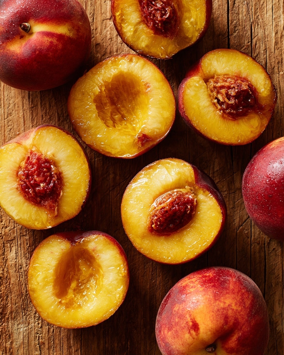 The image shows nine peach halves arranged closely on a brown wooden surface, all hollowed out where the pits have been removed, with the yellow-orange flesh exposed and a bit of juice visible inside each cavity. The skin of the peaches is a mix of reddish and yellow color, with smooth and slightly shiny textures. The wooden surface is rough and has natural wood grain patterns running horizontally behind the fruit. photo taken with an iphone --ar 4:5 --v 7