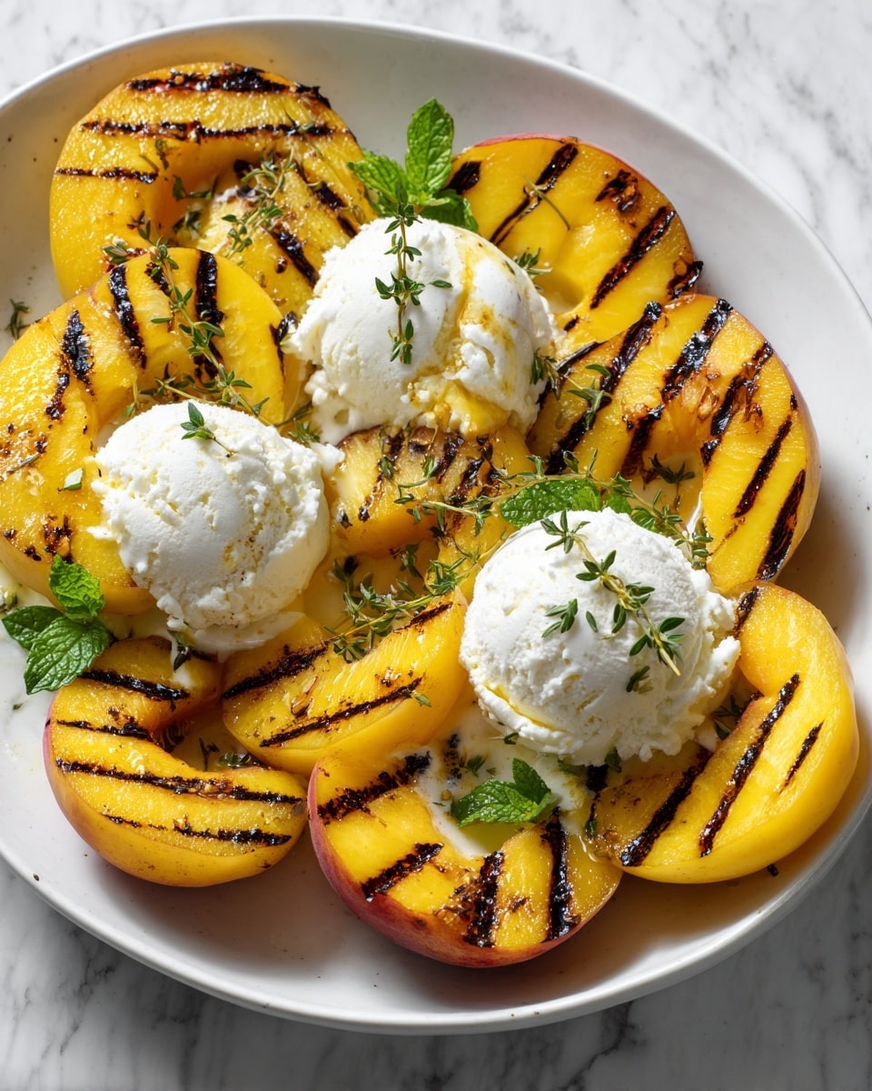 The image shows a close-up of a white cast iron pan filled with eight grilled peach halves. The peaches have a golden yellow-orange color with dark char marks on the surface. On top of several peach halves, there are scoops of melting white vanilla ice cream that drip slightly, blending with the peaches. Fresh green mint leaves are placed around and on the peaches for decoration. The pan is set on a white marbled surface. photo taken with an iphone --ar 4:5 --v 7