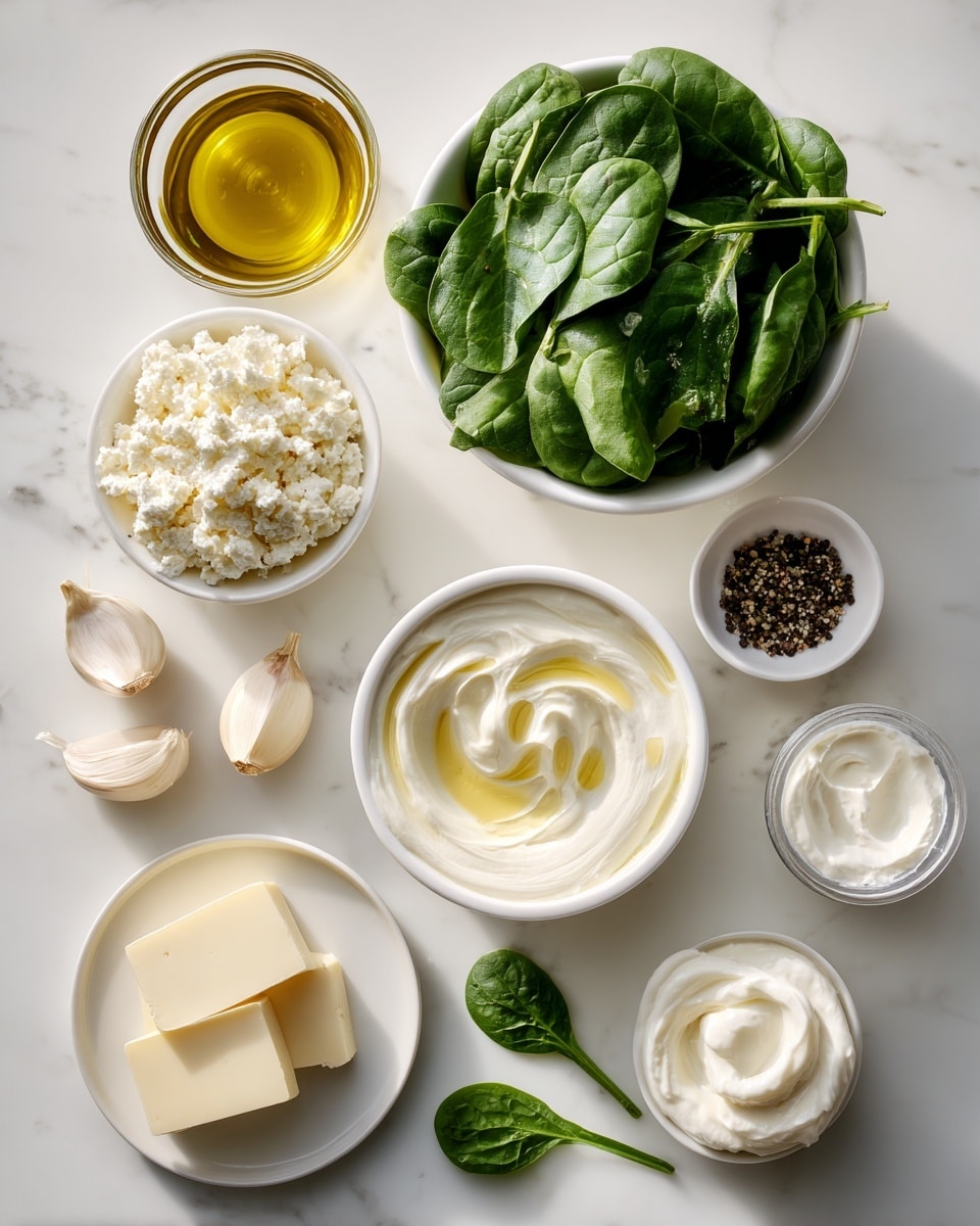 This image shows eight separate ingredients arranged neatly on a white marbled surface. Starting from the top are a small glass container filled with golden yellow olive oil, a large white bowl heaped with fresh dark green spinach leaves, and a small round white bowl holding coarse white salt and black peppercorns. Below these, a medium white bowl contains a thick, creamy white mixture with a slight drizzle of olive oil on top, creating a swirl pattern. To the left are three garlic cloves arranged beside a small white bowl filled with crumbly white cheese, and beneath it, a small white plate with thin pale yellow butter slices. At the bottom center, a clear glass container holds smooth white sour cream, and next to it lies a small handful of loose spinach leaves. The layout is clean and bright with natural lighting shining down. Photo taken with an iphone --ar 4:5 --v 7