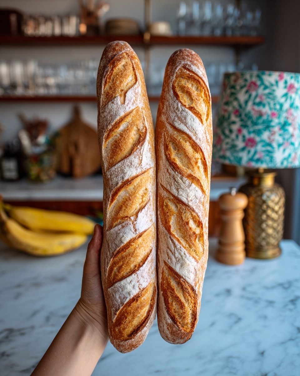 A woman's hand holds two long baguettes with a golden-brown crust dusted with white flour. Each loaf has a pattern of diagonal cuts along its length, showing a slightly darker toasted color in those grooves. The crust looks crunchy and textured with some small bubbles. The background shows a white marbled countertop with blurred kitchen decor including light-colored wooden shelves, glassware, and lamps, giving a cozy and warm feeling. photo taken with an iphone --ar 4:5 --v 7