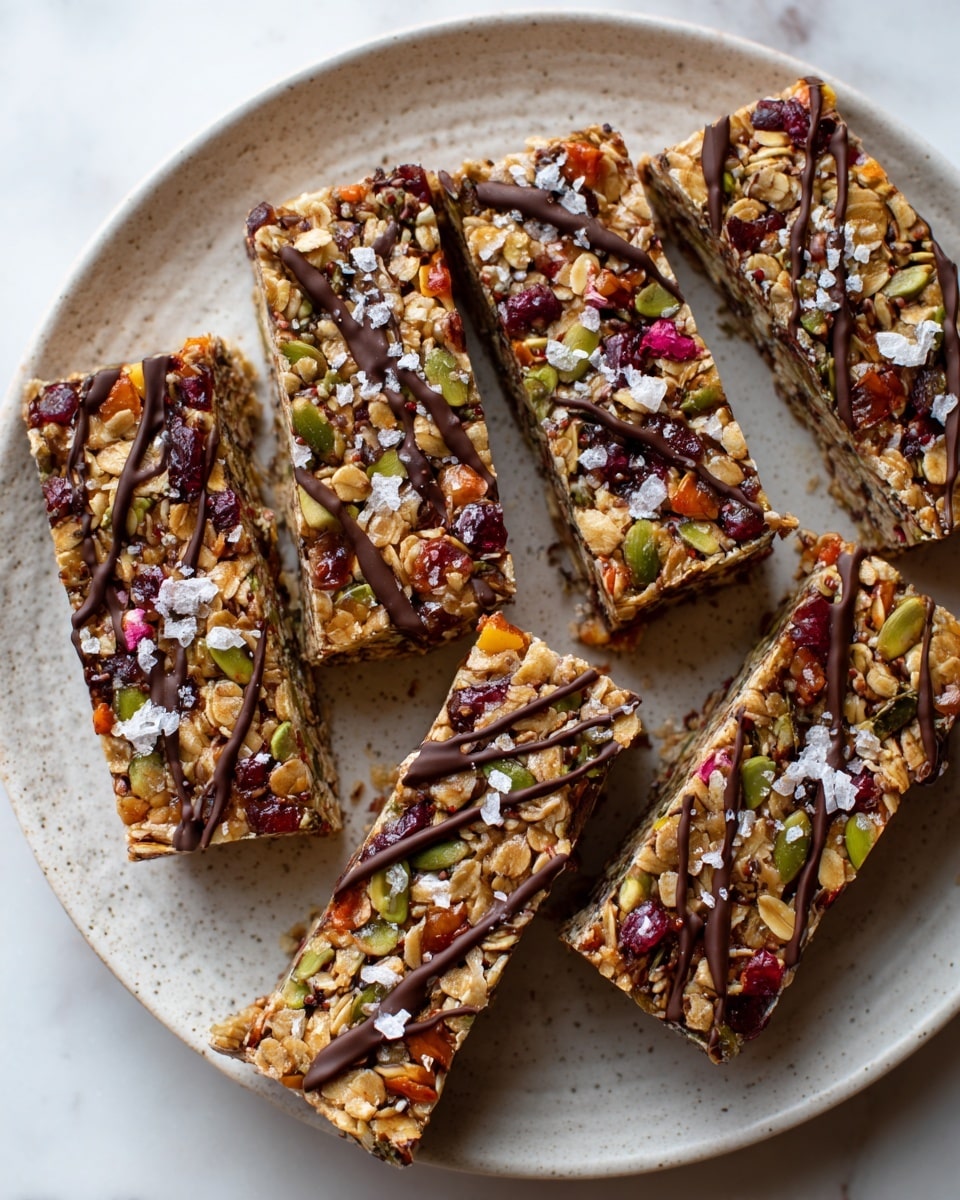 Square snack bars are placed on a white marbled surface, each bar showing a dense texture with visible nuts, seeds, and grains in light brown, green, and dark red colors. The top of each bar is decorated with thick diagonal lines of glossy dark brown chocolate drizzle. The bars are evenly spaced, arranged in rows, showing clean straight edges and a slightly crumbly surface. Photo taken with an iphone --ar 4:5 --v 7