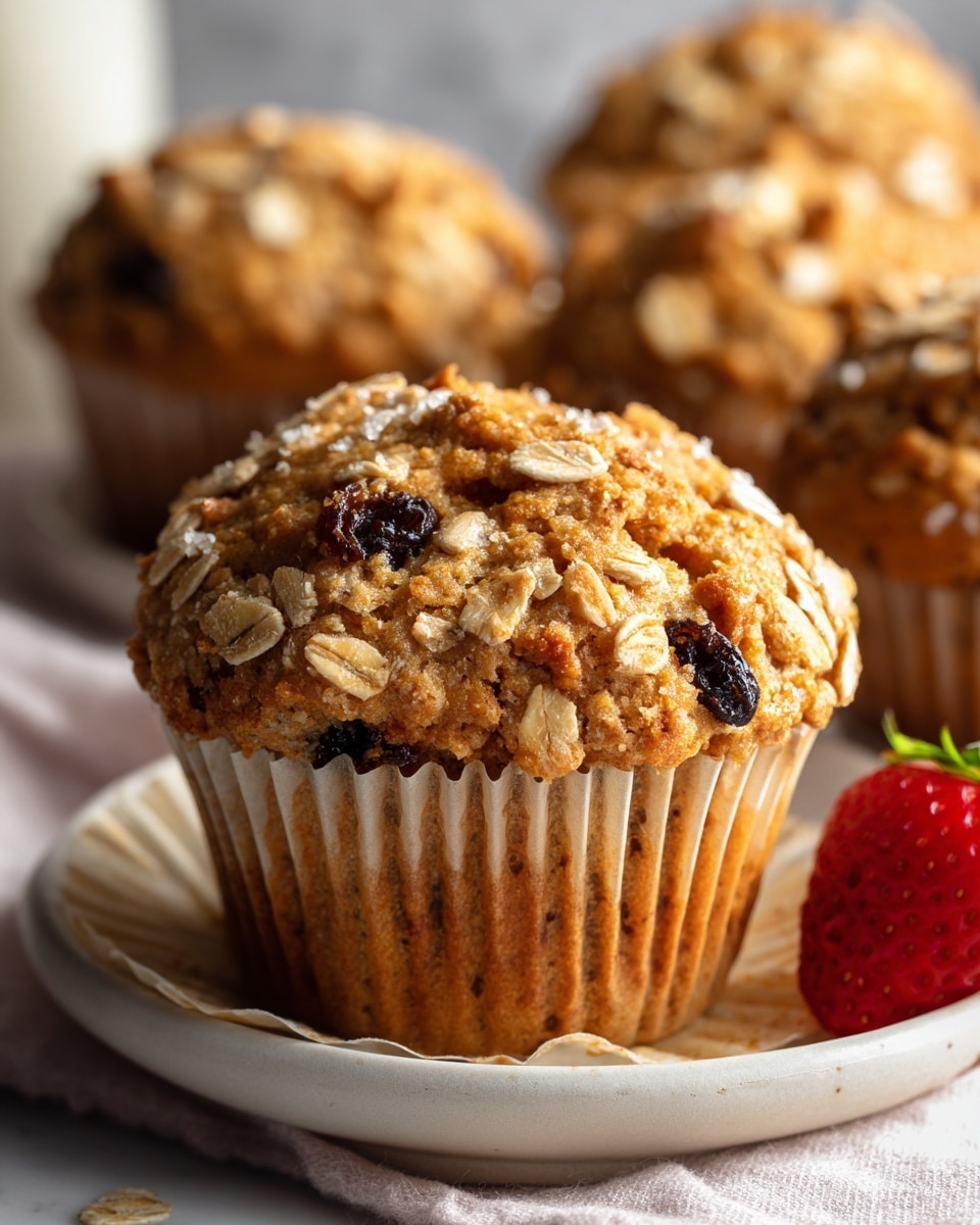 A close-up view of a single oatmeal muffin with raisins, shown partly eaten to reveal a soft, crumbly inside dotted with dark raisins. The muffin top is textured with scattered oats and sugar crystals. It sits on its beige paper liner, which rests in a white ceramic dish. In the background, several whole muffins with the same oat toppings are slightly out of focus, arranged on a light cloth over a white marbled surface. A bright red strawberry is placed in the lower right corner of the image. photo taken with an iphone --ar 4:5 --v 7