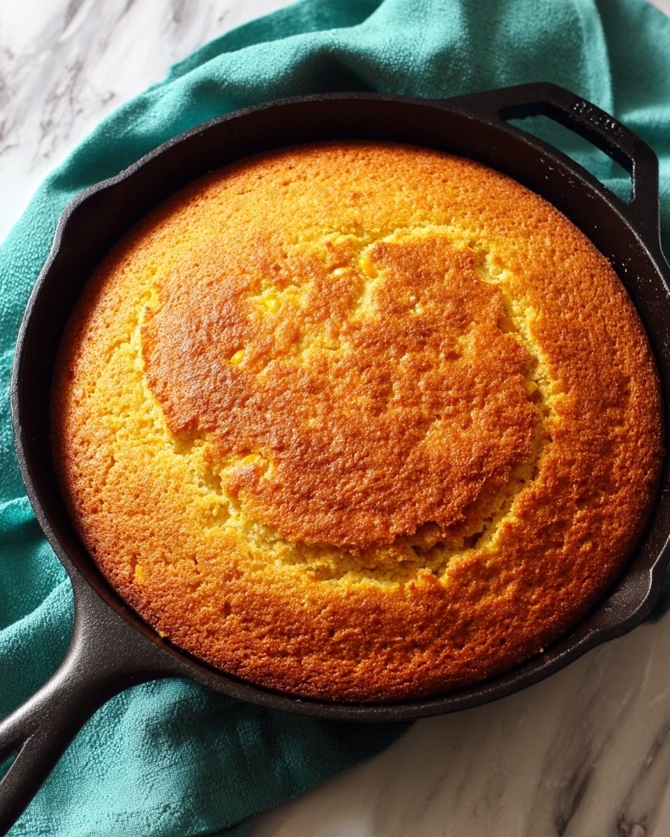 A golden cornbread round in a black cast iron pan sits on a teal cloth over a white marbled surface. The cornbread has a slightly cracked top with a rough, crumbly texture and small visible bits of corn inside. The edges are solid and slightly darker than the center. Photo taken with an iphone --ar 4:5 --v 7