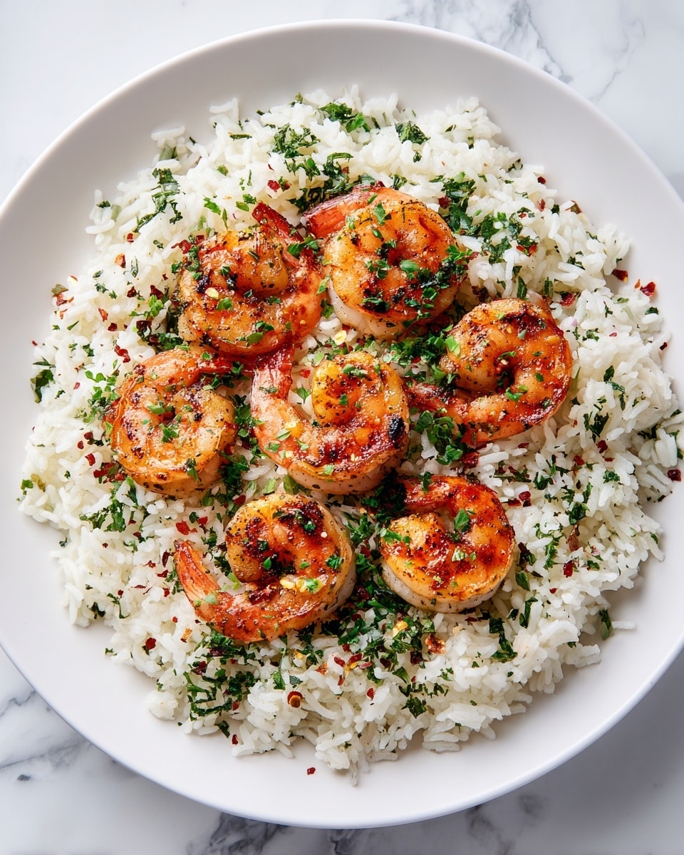 A white bowl filled with a thick base layer of cooked white rice mixed with small bits of green herbs, giving it a slightly speckled look. On top, arranged in a loose circular pattern, are nine medium-sized cooked shrimp with a light orange color and light charring, each sprinkled with finely chopped green parsley and small red chili flakes. The rice grains look fluffy and separate, and the herbs add texture and color contrast. The whole dish sits on a white marbled surface. photo taken with an iphone --ar 4:5 --v 7