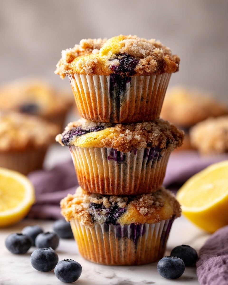 A stack of three blueberry muffins sits on a white marbled surface, each muffin showing a golden-brown top with crumbly texture and scattered dark purple blueberries throughout the light beige muffin base. The muffins are in pleated paper liners with visible patches of blueberries around the edges. Around the stack, loose blueberries and a sliced lemon half add a fresh touch. In the background, more muffins are softly blurred, enhancing focus on the main stack. photo taken with an iphone --ar 4:5 --v 7