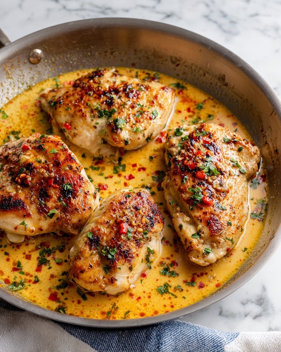 Four pieces of golden brown cooked chicken sit in a shallow layer of thick creamy light yellow sauce with small bits of browned onion and chili flakes scattered throughout. Fresh green herbs are sprinkled on top of the chicken pieces, which show a variety of charred grill marks and juicy textures. The dish is presented in a round metal pan placed on a white marbled surface with a blue and white patterned cloth peeking from underneath. photo taken with an iphone --ar 4:5 --v 7