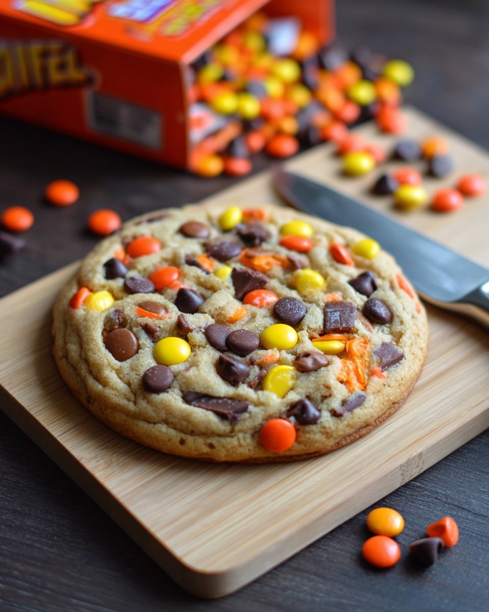A single large cookie rests on a beige baking mat with a thin orange border, placed on a white marbled surface. The cookie is golden-brown and studded with orange, yellow, and dark brown candy pieces and chocolate chips spread evenly across its slightly cracked surface. Behind the cookie, there is an open orange box of Reese's Pieces candy with colorful candy images on it, and a red oven mitt with white polka dots is partially visible in the background. Photo taken with an iphone --ar 4:5 --v 7