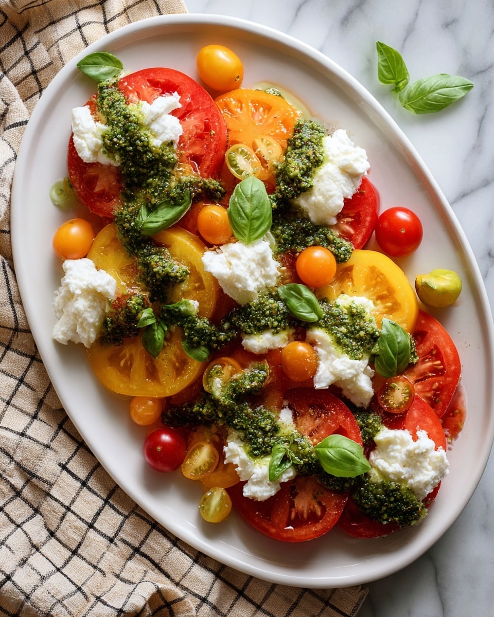The image shows a white oval plate filled with vibrant layers of colorful tomato slices, including reds, yellows, and oranges, arranged flat and overlapping slightly, creating a bright and fresh base. On top of the tomatoes, there are many small dollops of soft white cheese, textured and creamy, spread evenly over the surface. Green dollops of pesto sauce are placed over the cheese in irregular patches, adding a rich green contrast. Fresh green basil leaves are scattered throughout the dish, adding pops of green color and a fresh look. The plate sits on a white marbled surface with part of a beige checked cloth visible on the right side. The overall look is fresh, colorful, and inviting. photo taken with an iphone --ar 4:5 --v 7