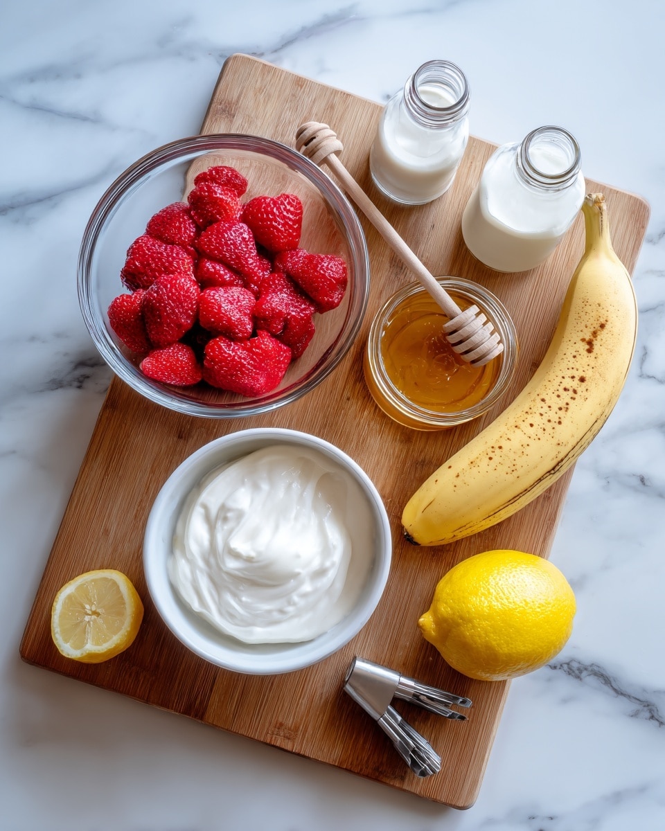 A wooden board on a white marbled surface holds several ingredients: a clear glass bowl filled with bright red frozen strawberries on the top left, a small glass jar of golden honey with a wooden honey dipper next to it, a clear glass bottle filled with white cream on the top right, a whole light-brown frozen banana with spots in the center, a small white bowl of thick white yogurt or whipped cream on the bottom left with a white measuring cup marked 1/2 cup inside, a whole bright yellow lemon and a lemon half placed on a metal lemon squeezer on the bottom right. Photo taken with an iphone --ar 4:5 --v 7