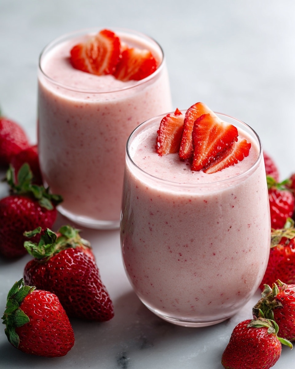 Two clear glasses filled with light pink smoothie, each topped with several thin slices of bright red strawberries. The glasses have a slightly curved shape with vertical ridges. Around the base of the glasses, there are several whole fresh strawberries with dark green leaves. The scene is set on a white marbled surface with a plain light background. photo taken with an iphone --ar 4:5 --v 7