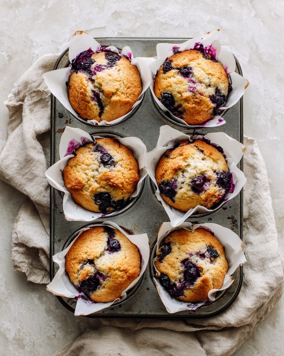A rustic metal muffin tray holds six blueberry banana muffins, each sitting in crinkled white parchment paper liners. The muffins are golden brown on top with some darker spots where blueberries have burst, releasing deep purple juice that stains parts of the muffin tops and paper. Each muffin has several whole blueberries visible on the surface, creating dark purple spots contrasting with the warm golden crust. The tray is set on a white marbled surface with a white cloth underneath. The overall look is cozy and homey, showing freshly baked muffins cooling in their tray. photo taken with an iphone --ar 4:5 --v 7