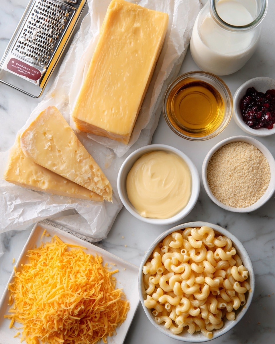 The image shows ingredients for a cheesy macaroni dish arranged on a white marbled surface. There is a white bowl filled with uncooked elbow macaroni at the bottom right, next to a smaller white bowl holding a smooth light yellow sauce. Just above these, a small glass container holds a golden liquid, and nearby a tiny transparent bowl contains a dark red spice. To the left of these, two thick slices of pale yellow cheese lie flat on the surface, one partially peeling with a paper label visible. Above them is a pile of bright orange shredded cheese in front of a block of the same cheese on a white rectangular plate. A metal grater with some shredded cheese on it sits next to these. On the top left, a stick of butter in its wrapper rests, and a white bowl of light beige breadcrumbs is placed to the top right. A glass milk bottle is placed next to the breadcrumbs near the top right corner. The elements are clearly laid out in one flat layer. Photo taken with an iphone --ar 4:5 --v 7
